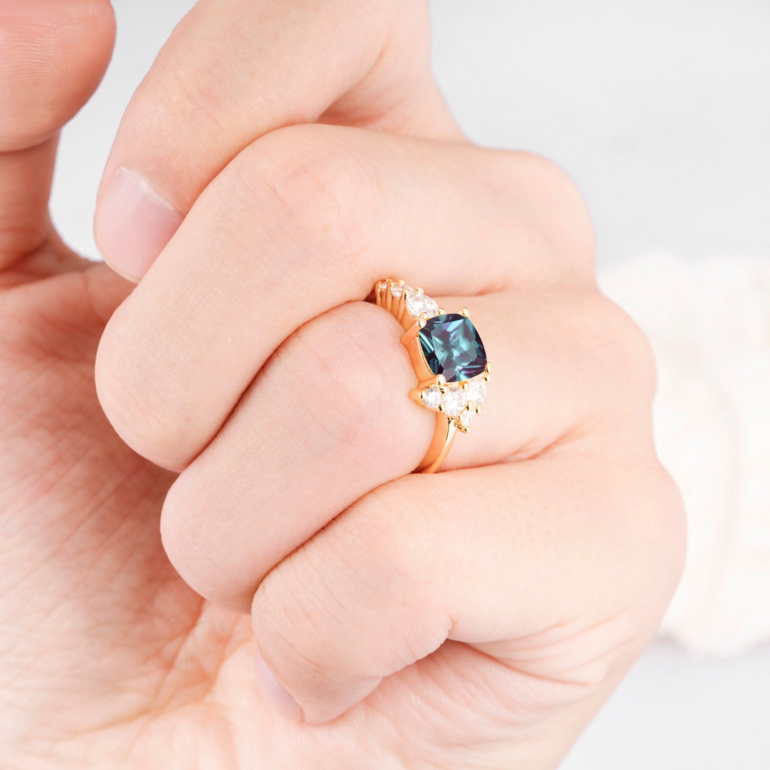 Cushion Cut Side Cluster Alexandrite Engagement Ring