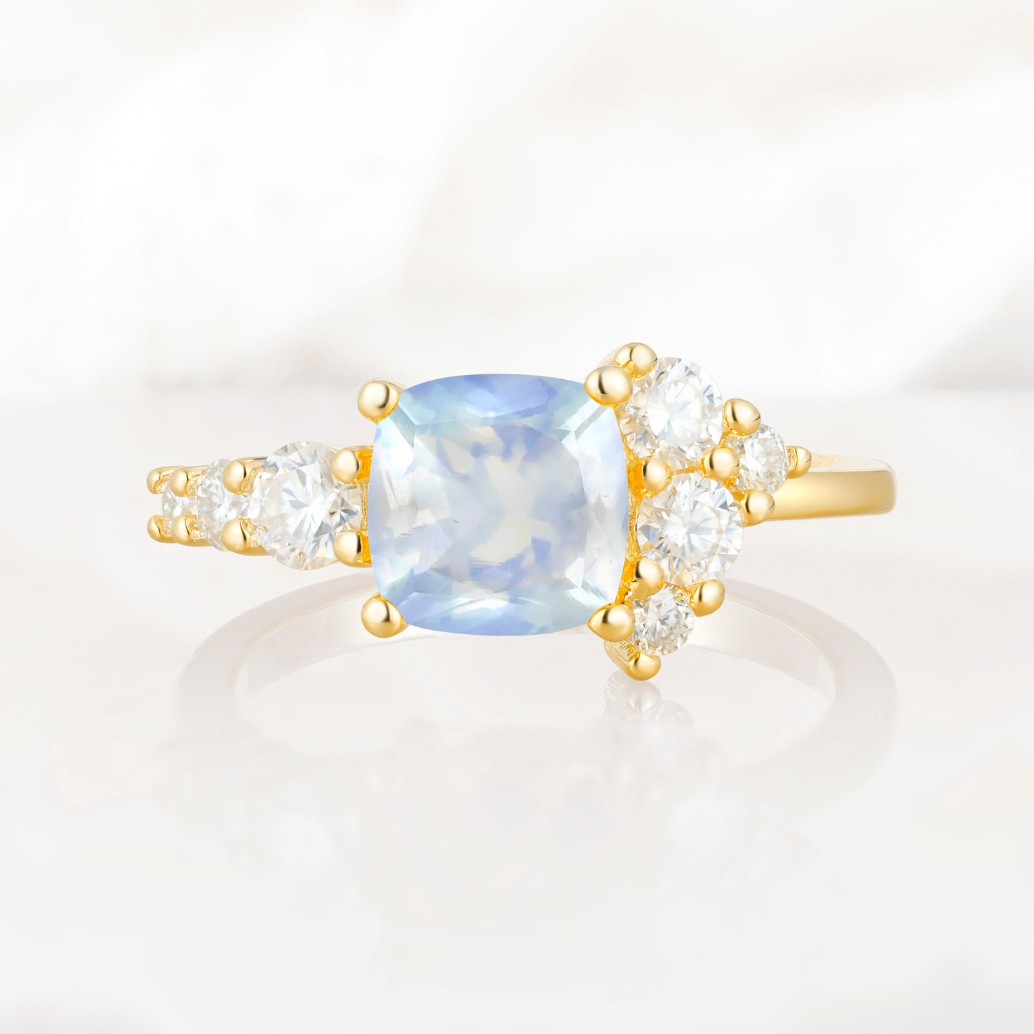 Cushion Cut Side Cluster Moonstone Engagement Ring