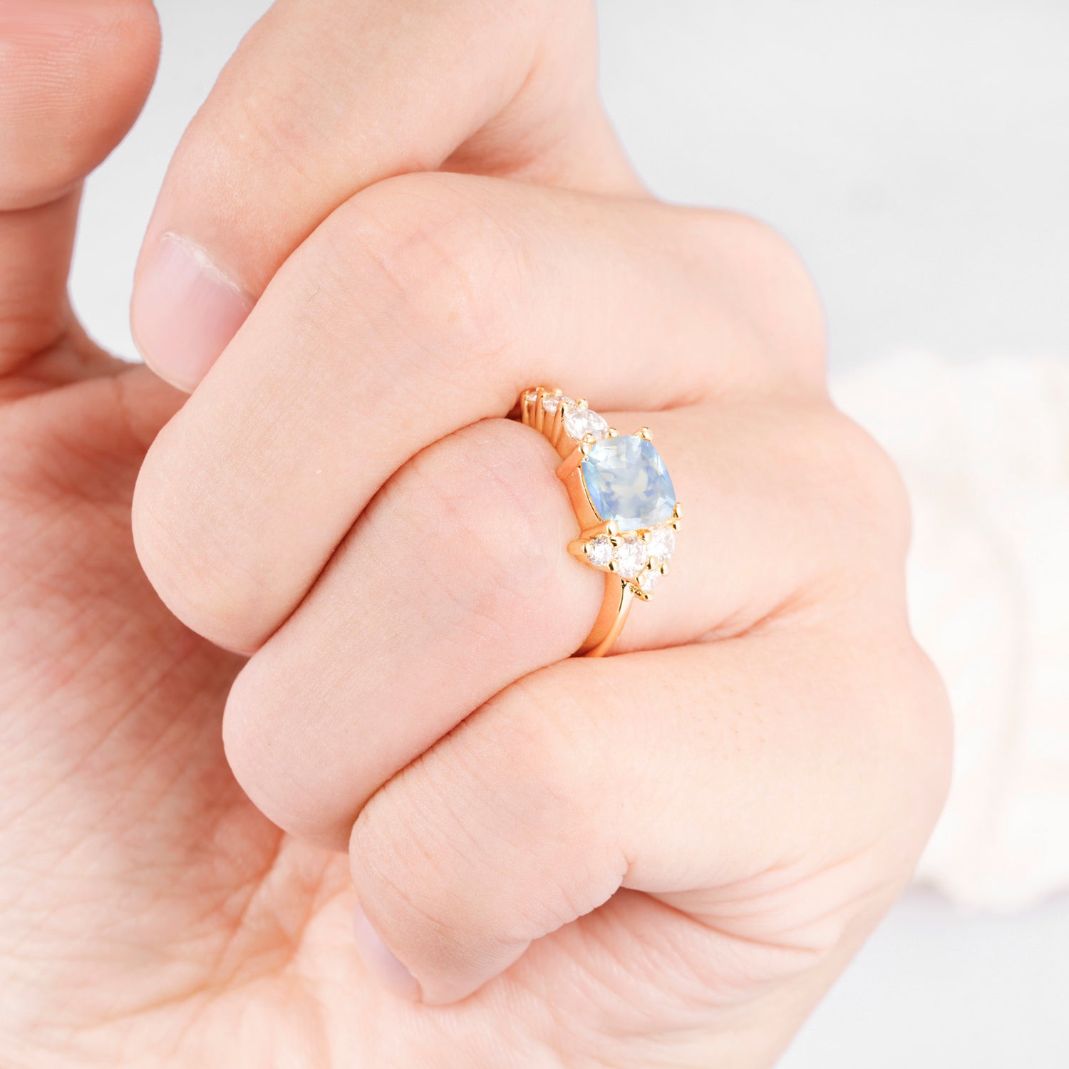 Cushion Cut Side Cluster Moonstone Engagement Ring