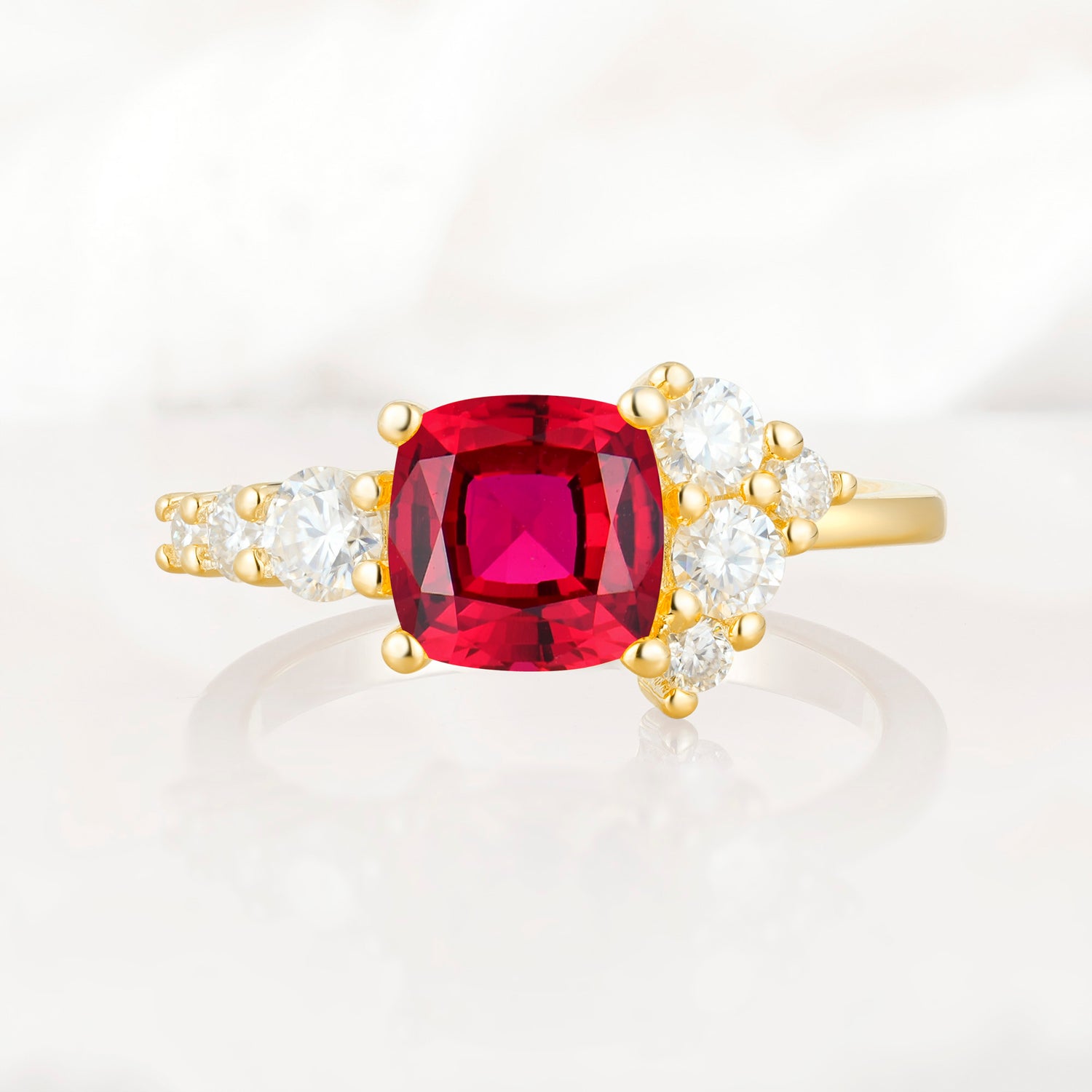 Cushion Cut Side Cluster Ruby Engagement Ring