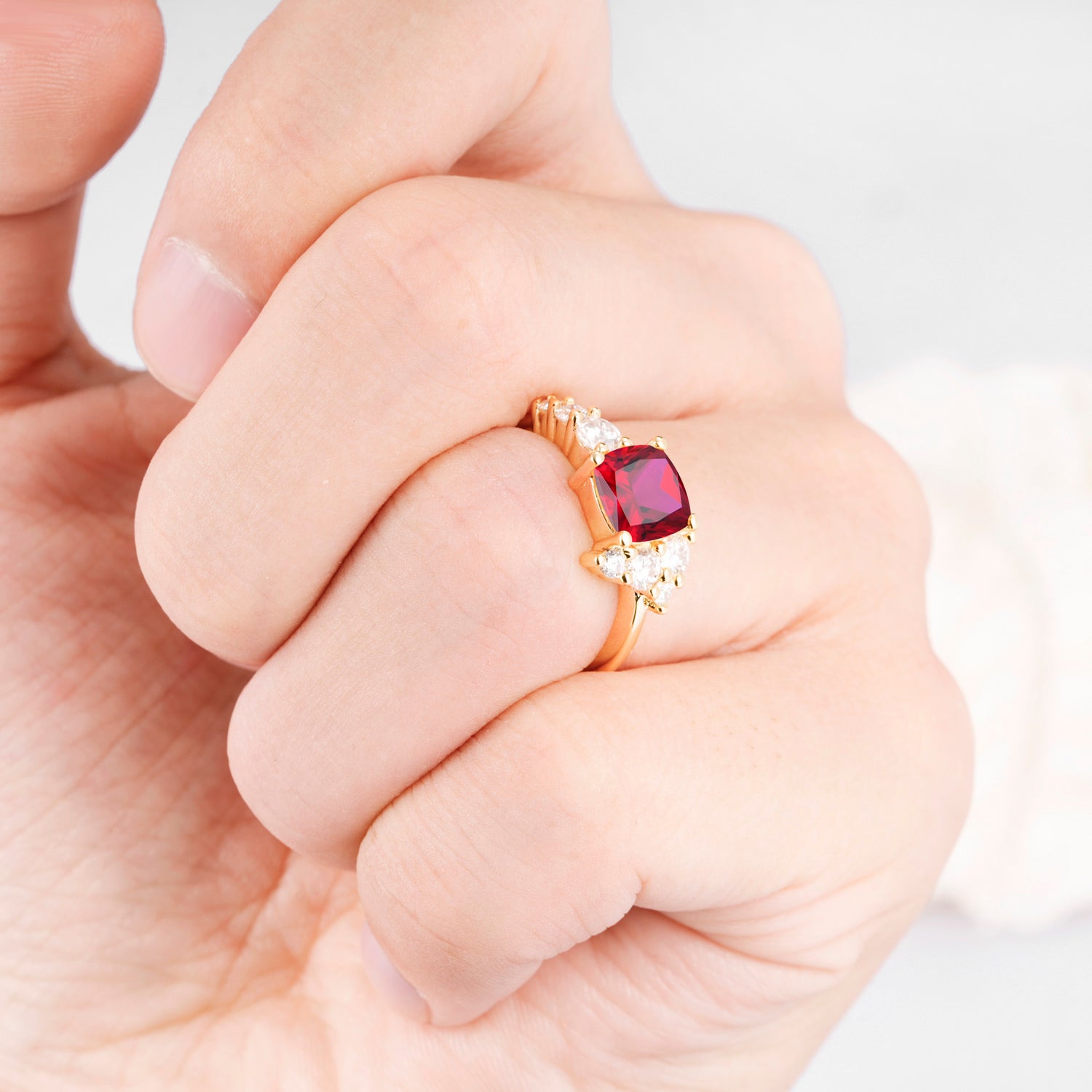Cushion Cut Side Cluster Ruby Engagement Ring