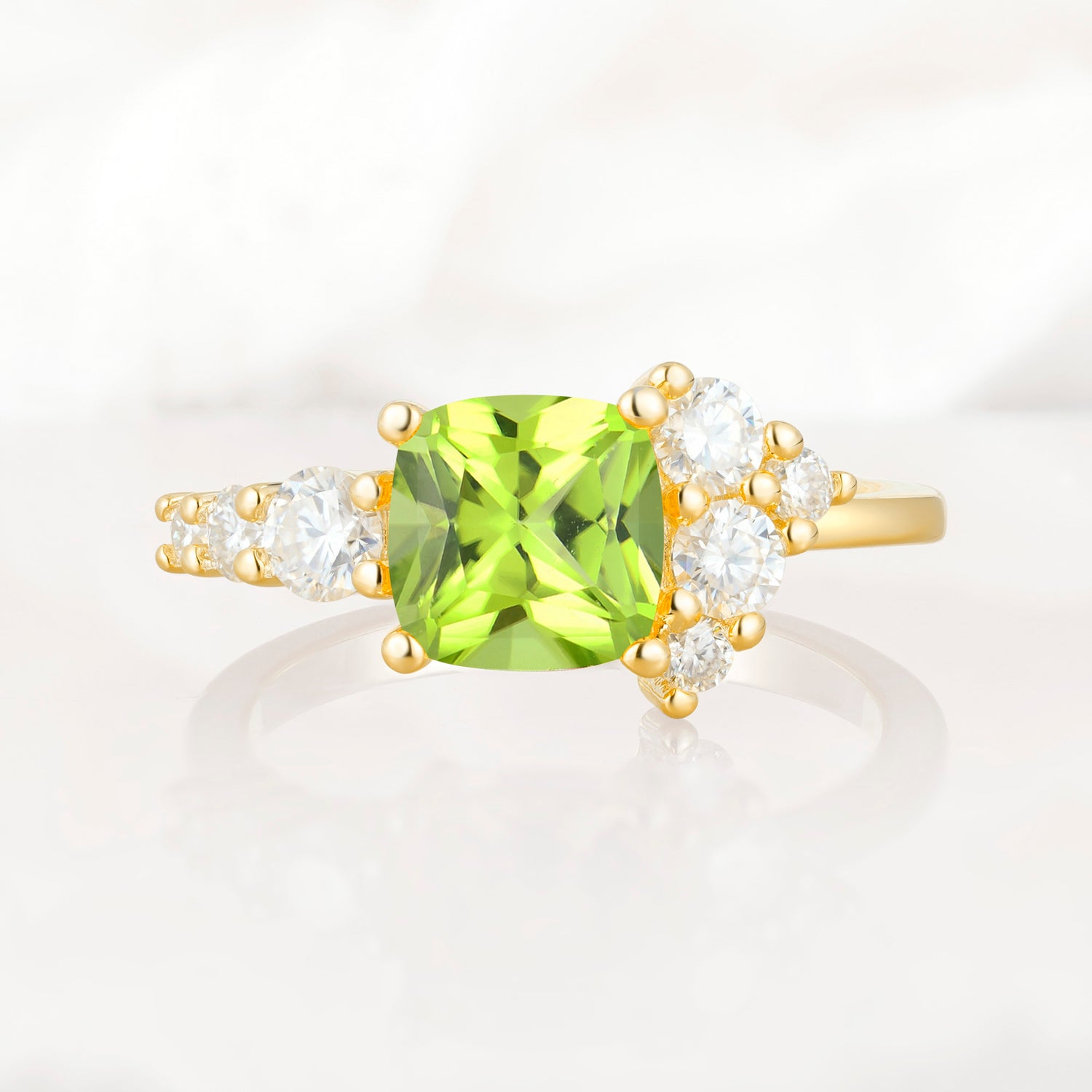 Cushion Cut Side Cluster Peridot Engagement Ring