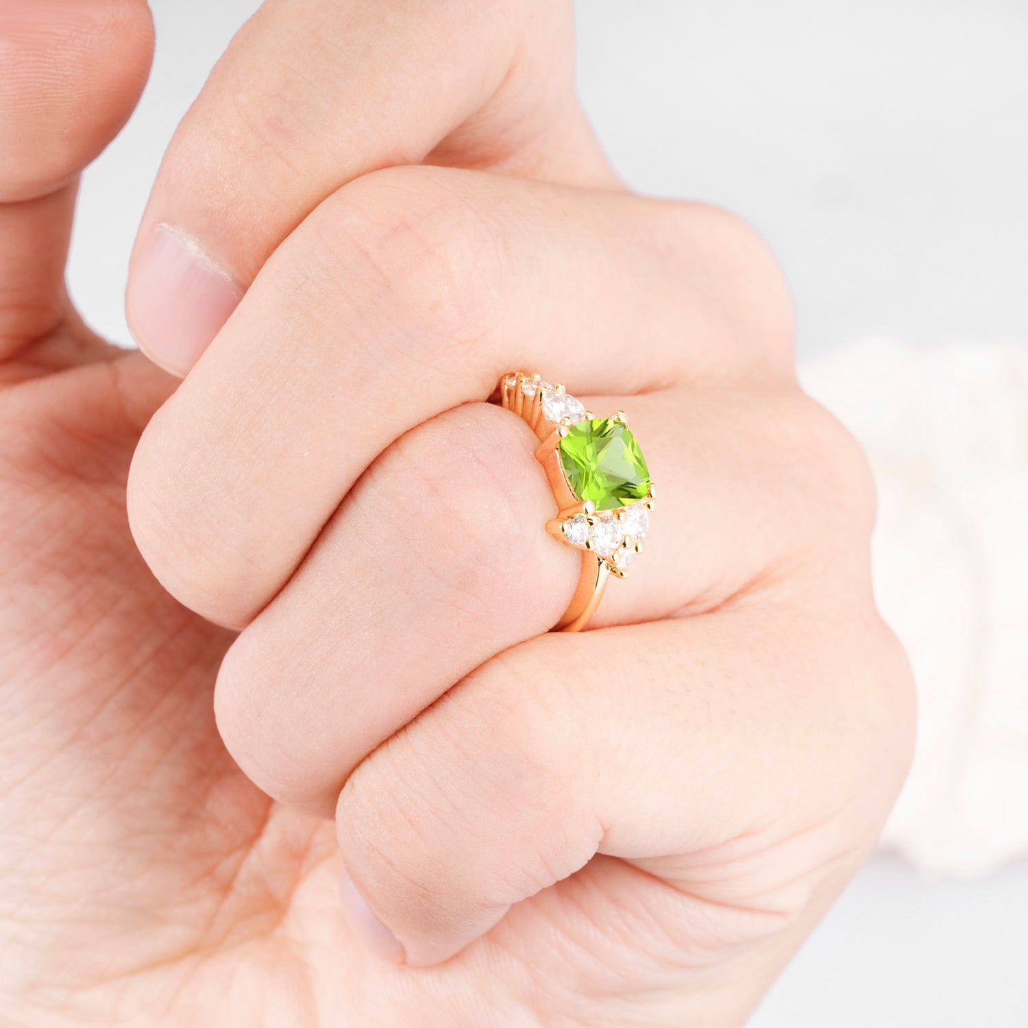Cushion Cut Side Cluster Peridot Engagement Ring