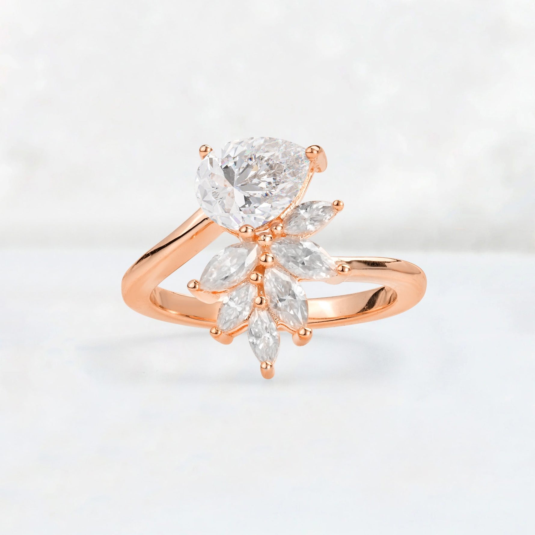 Pear Cut Moissanite Marquise Cluster Bypass Engagement Ring - Additional view