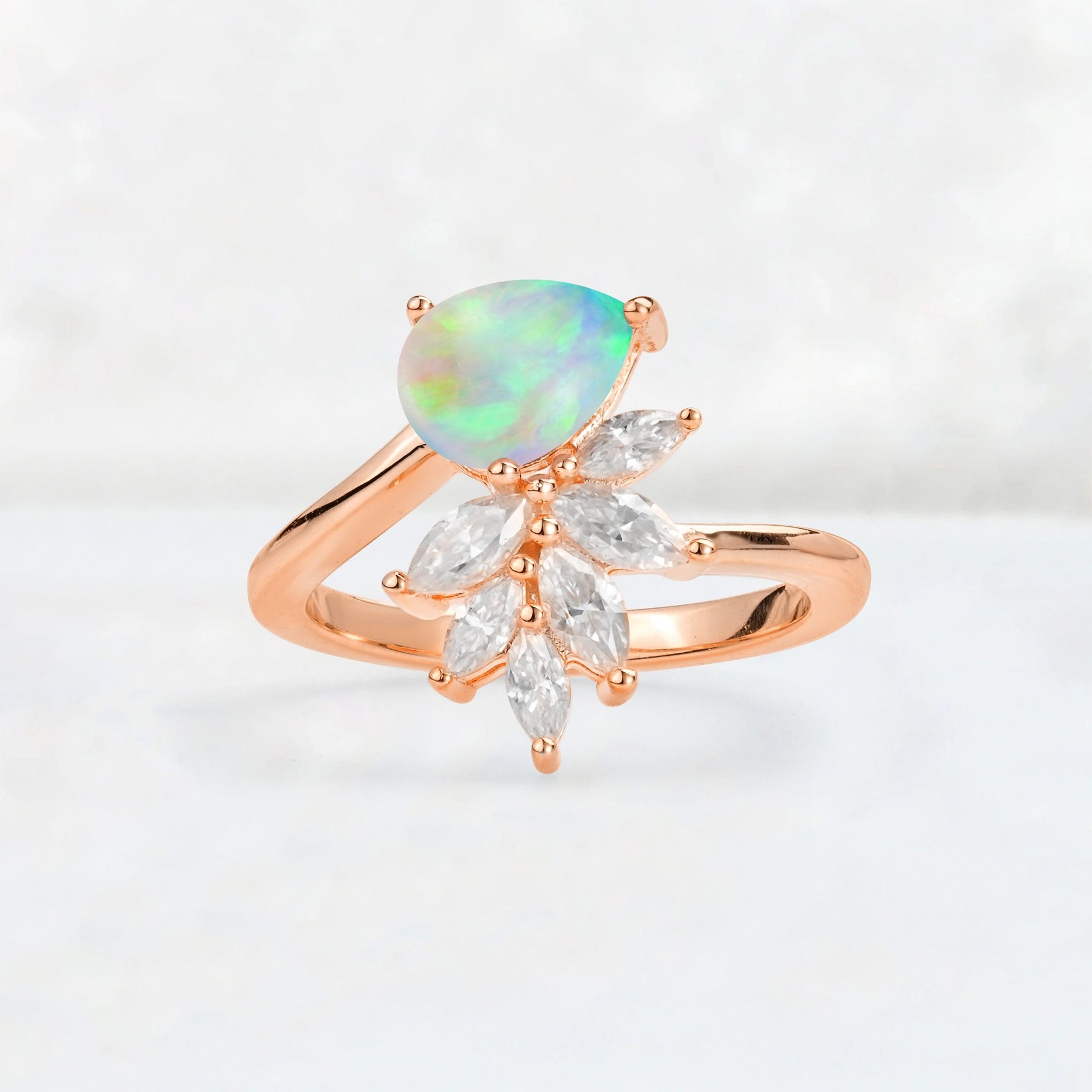 Pear Cut Fire Opal Marquise Cluster Bypass Engagement Ring - Additional view