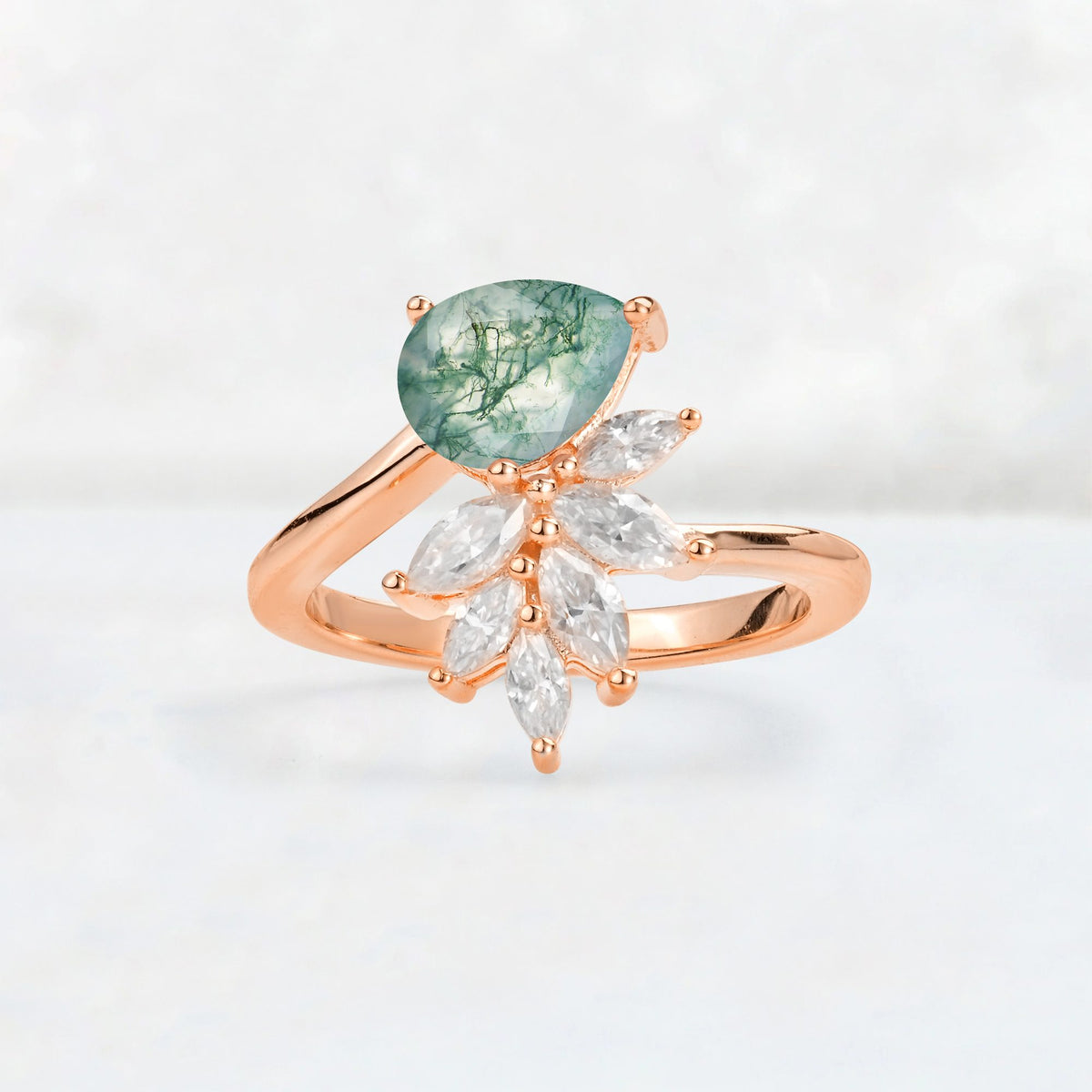 Pear Cut Moss Agate Marquise Cluster Bypass Engagement Ring - Additional view