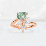 Pear Cut Moss Agate Marquise Cluster Bypass Engagement Ring - Additional view
