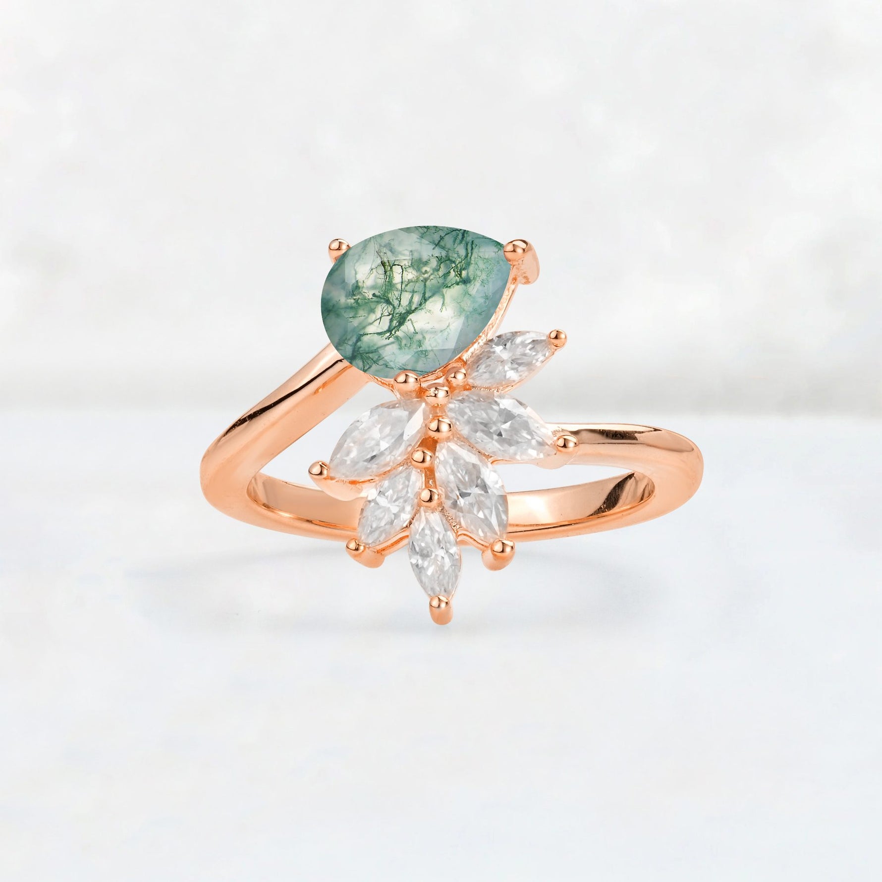 Pear Cut Moss Agate Marquise Cluster Bypass Engagement Ring - Additional view