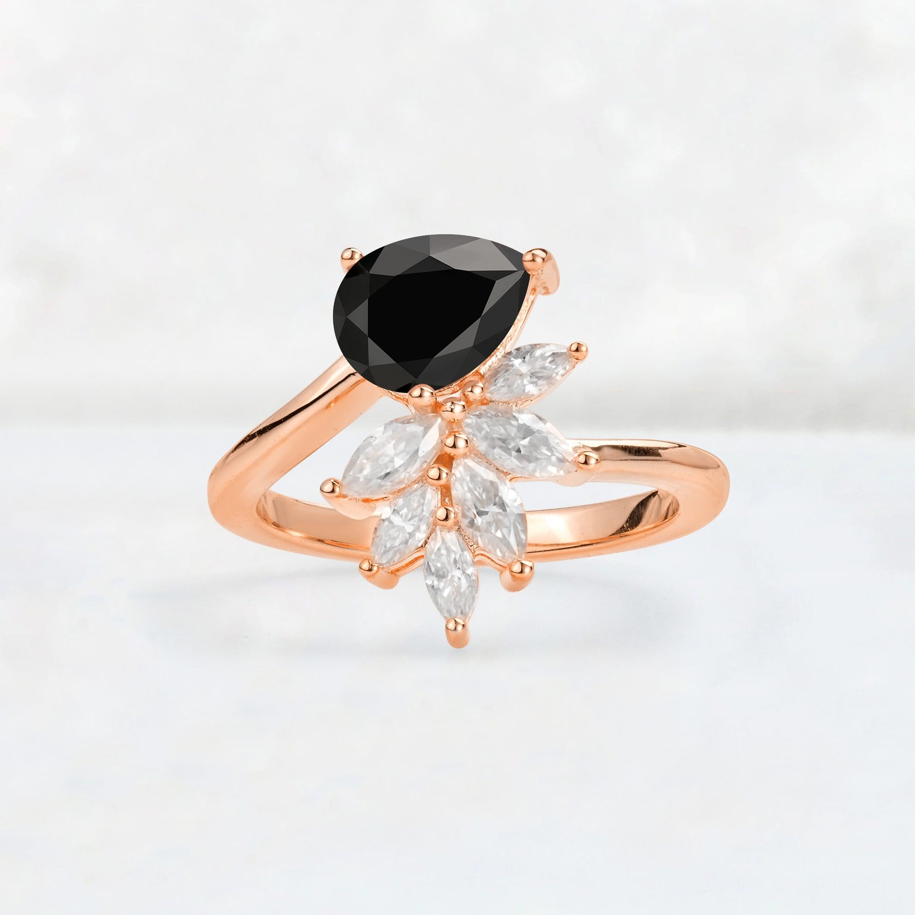 Pear Cut Black Onyx Marquise Cluster Bypass Engagement Ring - Additional view
