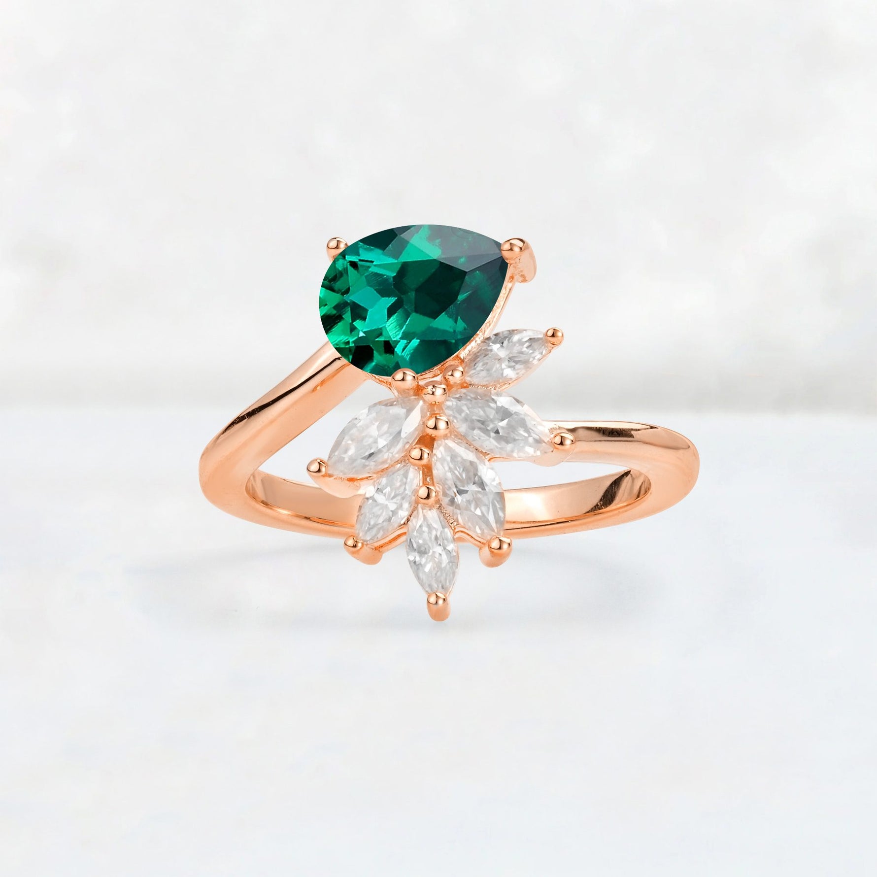 Pear Cut Emerald Marquise Cluster Bypass Engagement Ring - Additional view