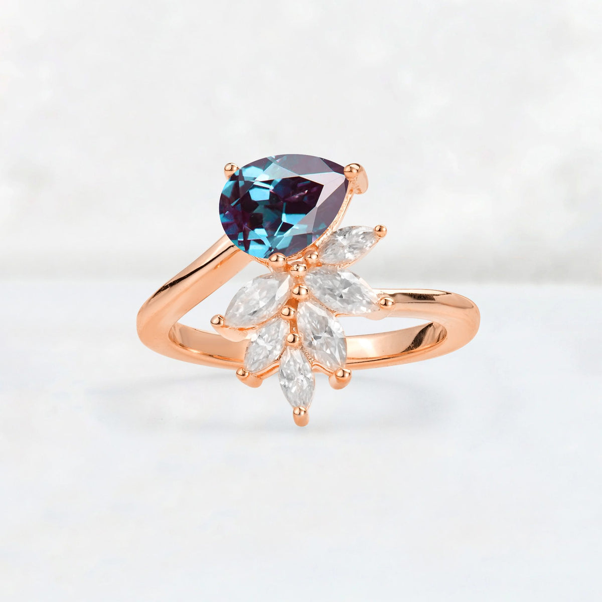 Pear Cut Alexandrite Marquise Cluster Bypass Engagement Ring - Additional view