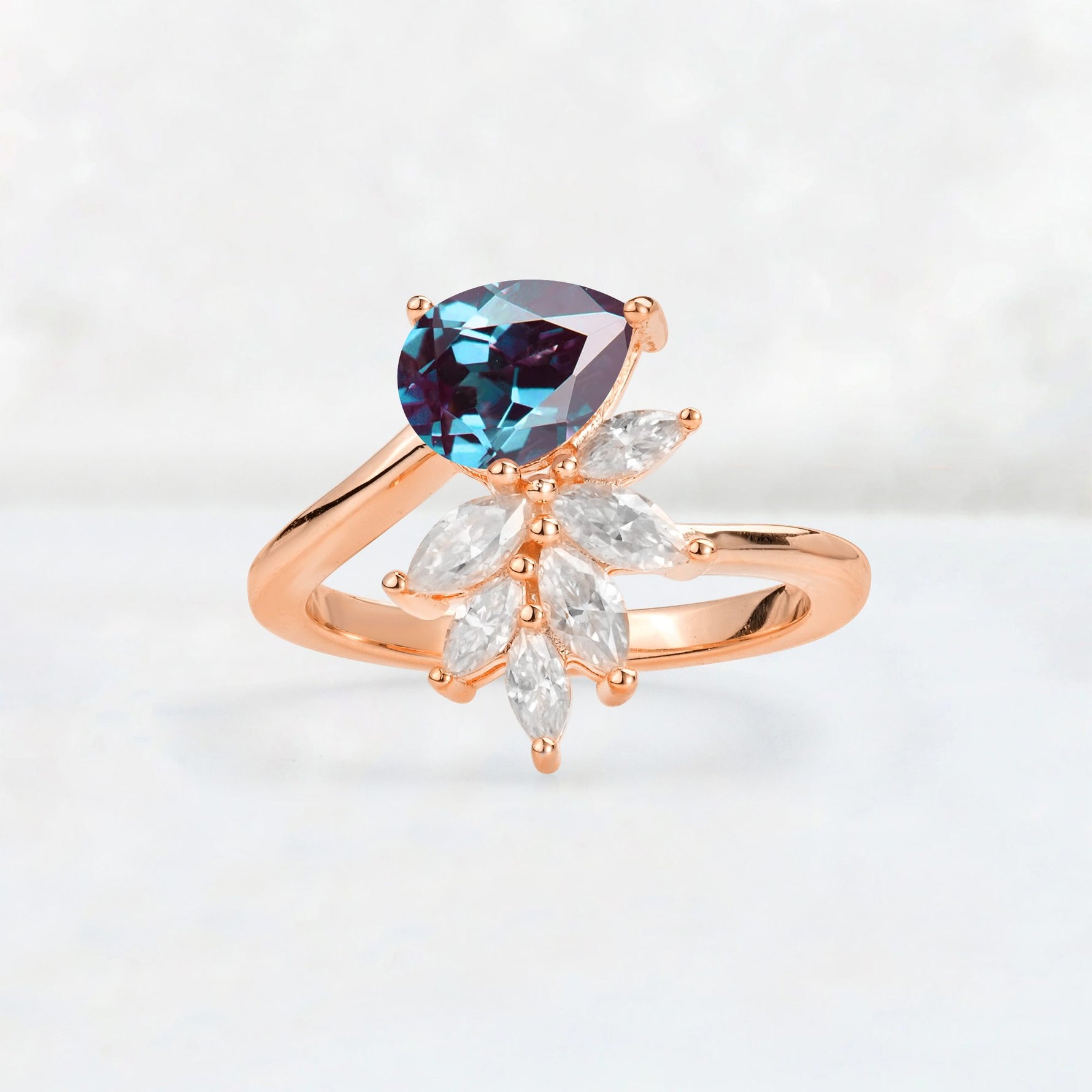 Pear Cut Alexandrite Marquise Cluster Bypass Engagement Ring - Additional view