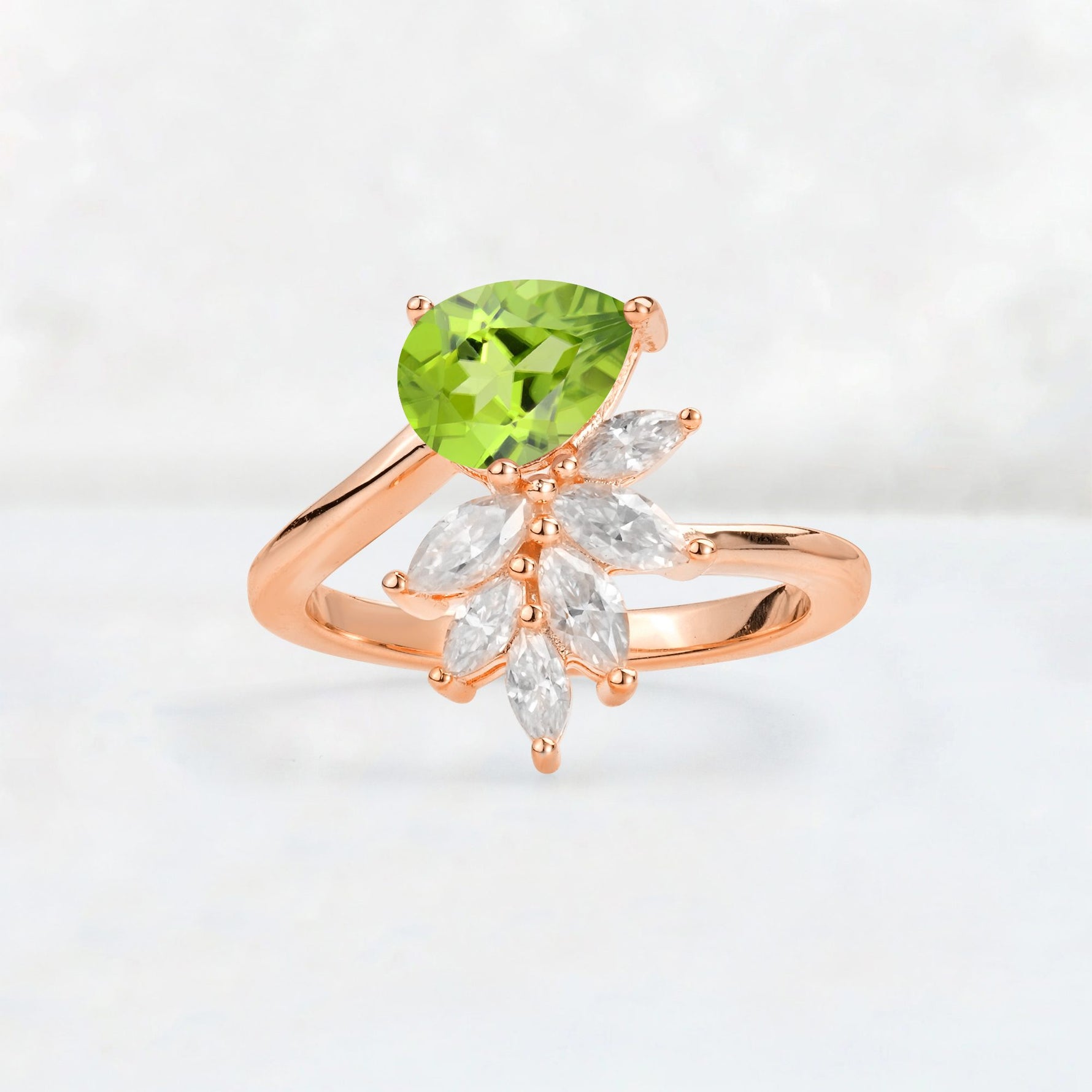 Pear Cut Peridot Marquise Cluster Bypass Engagement Ring - Additional view