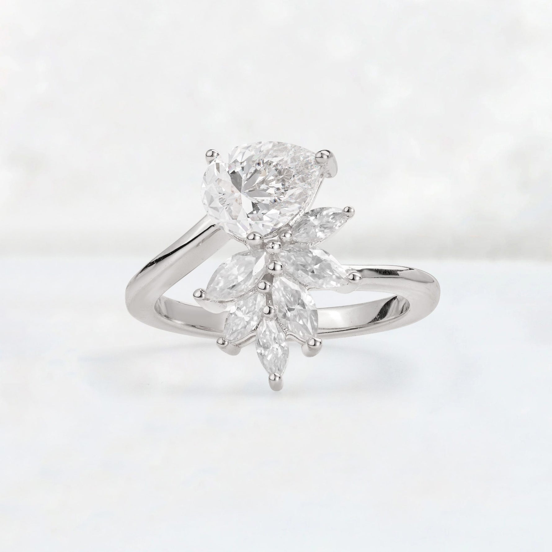 Pear Cut Moissanite Marquise Cluster Bypass Engagement Ring - Additional view
