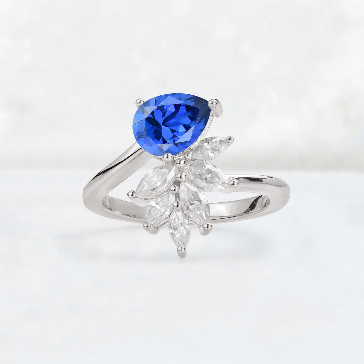 Pear Cut Sapphire Marquise Cluster Bypass Engagement Ring - Additional view