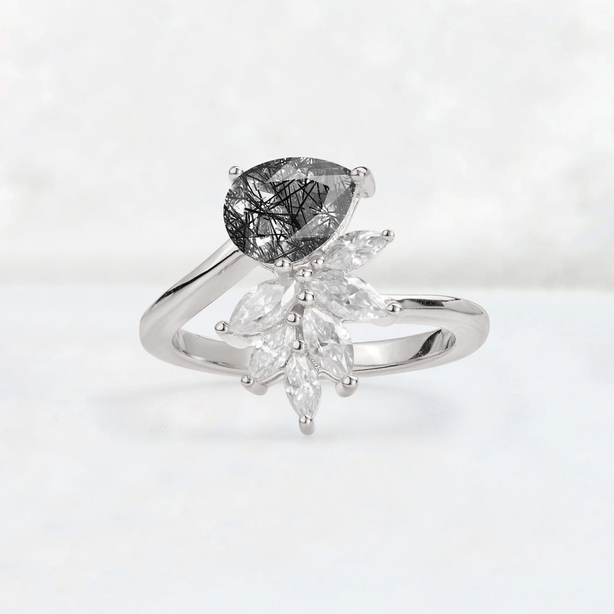 Pear Cut Black Rutilated Quartz Marquise Cluster Bypass Engagement Ring - Additional view