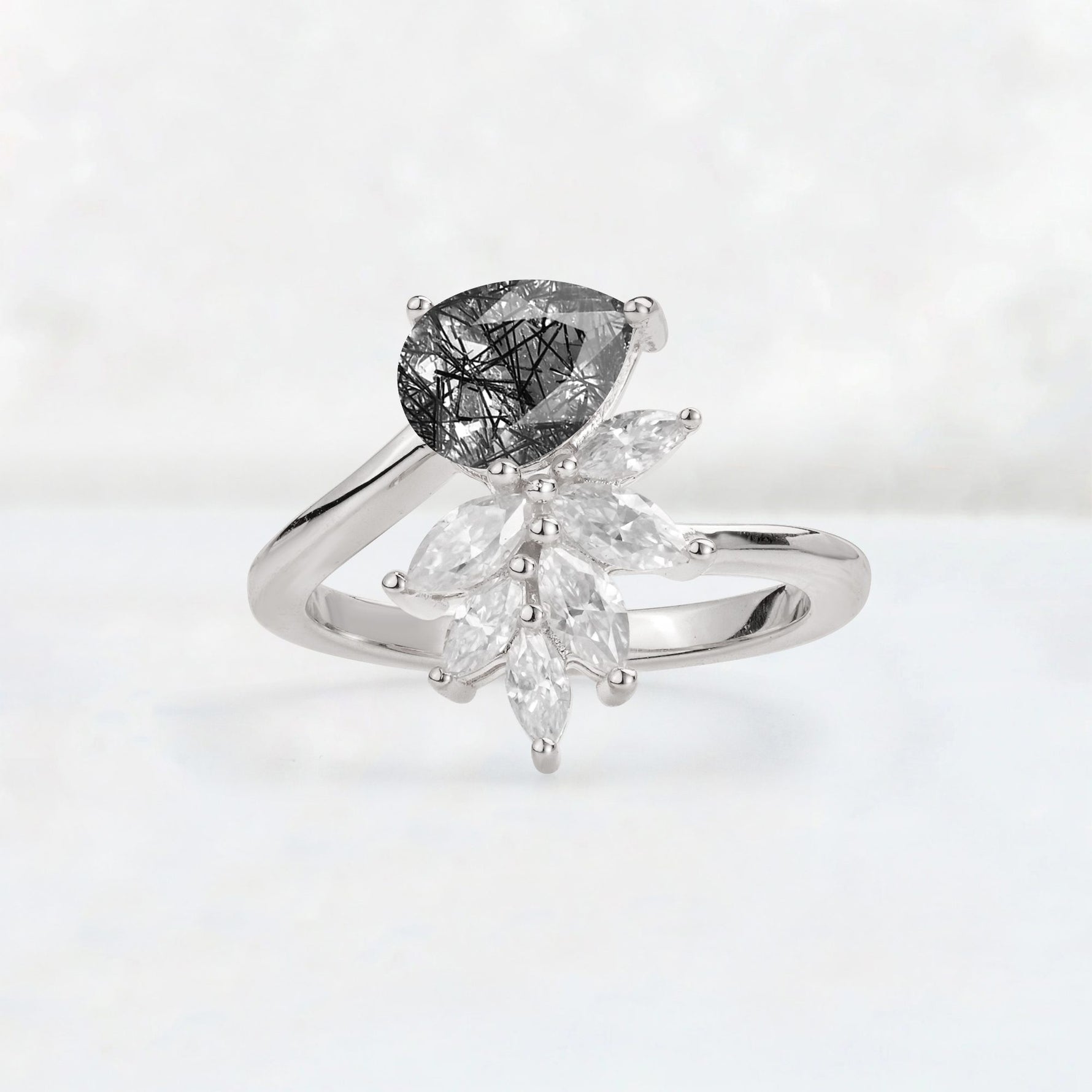 Pear Cut Black Rutilated Quartz Marquise Cluster Bypass Engagement Ring - Additional view