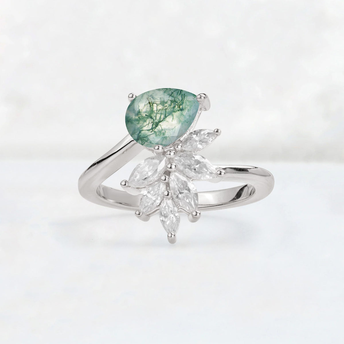 Pear Cut Moss Agate Marquise Cluster Bypass Engagement Ring - Additional view