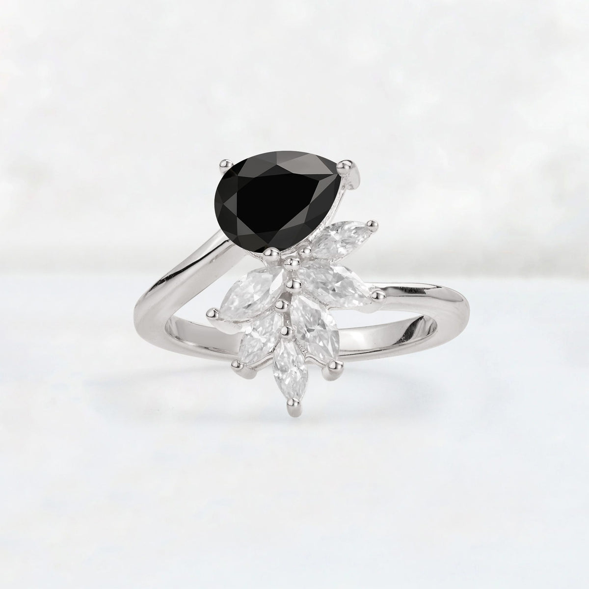 Pear Cut Black Onyx Marquise Cluster Bypass Engagement Ring - Additional view