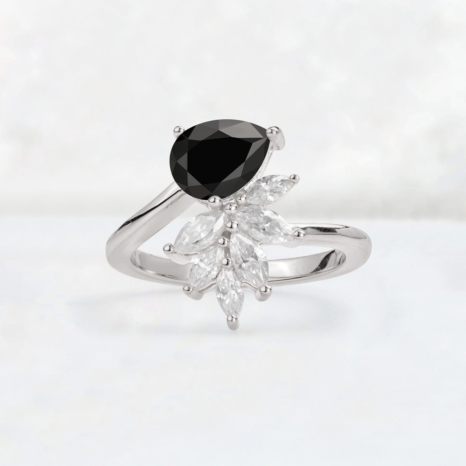 Pear Cut Black Onyx Marquise Cluster Bypass Engagement Ring - Additional view