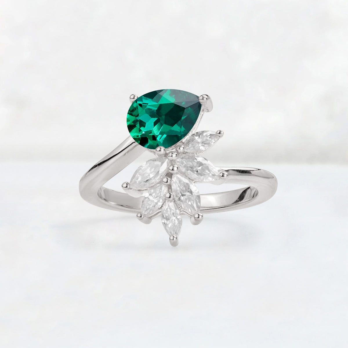 Pear Cut Emerald Marquise Cluster Bypass Engagement Ring - Additional view