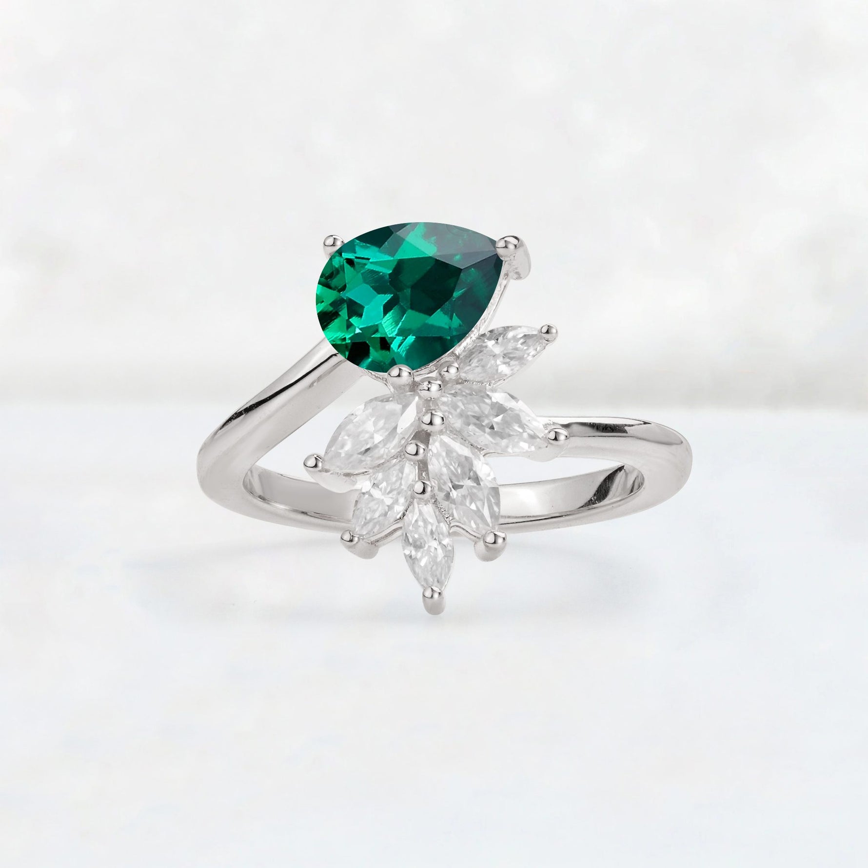 Pear Cut Emerald Marquise Cluster Bypass Engagement Ring - Additional view