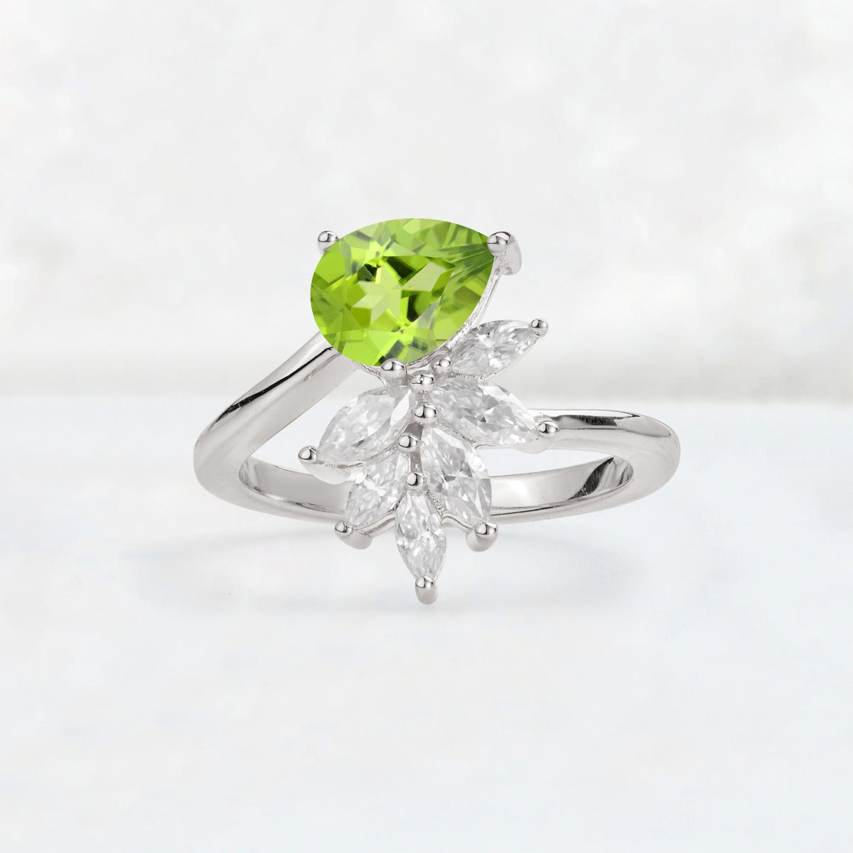 Pear Cut Peridot Marquise Cluster Bypass Engagement Ring - Additional view