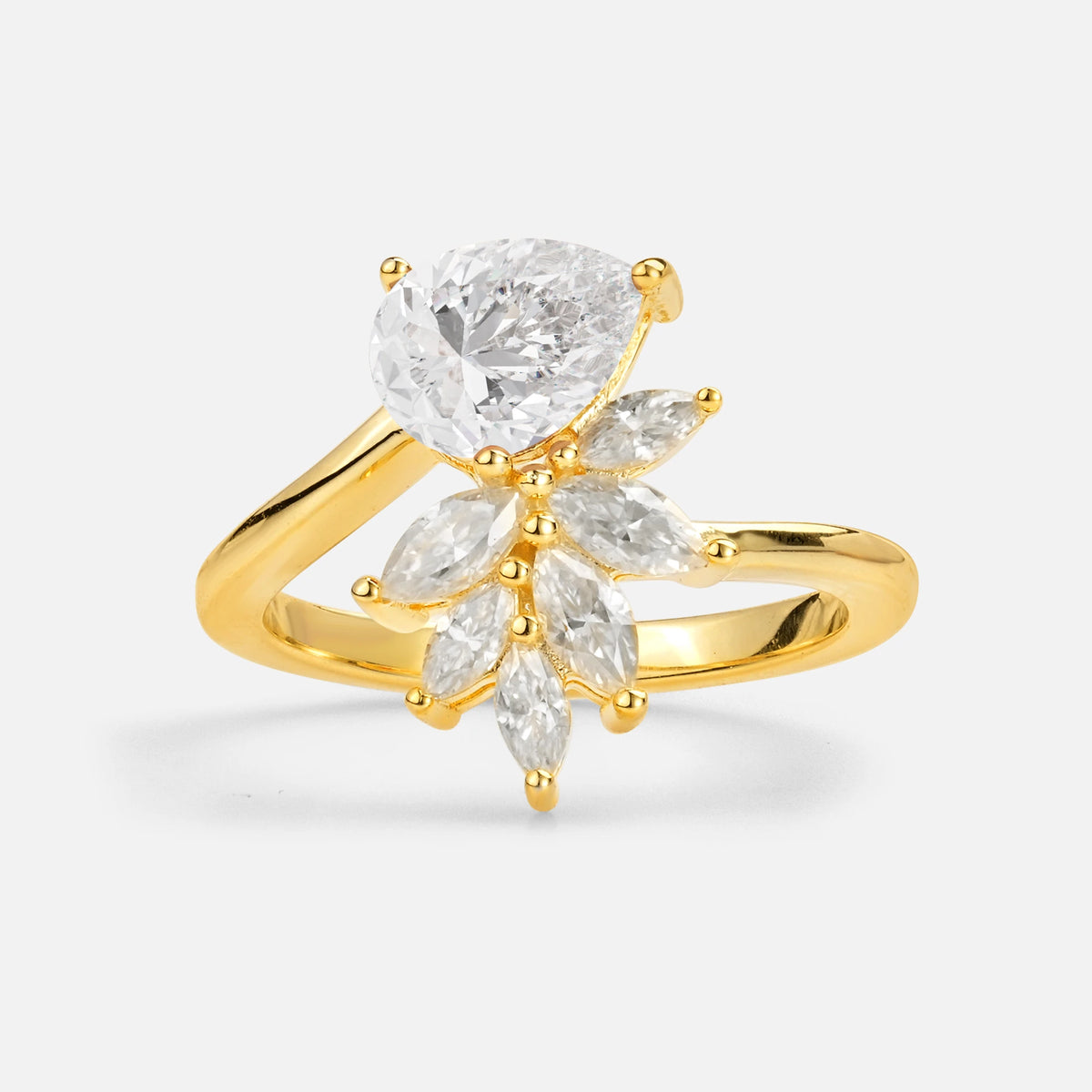 Pear Cut Moissanite Marquise Cluster Bypass Engagement Ring - Additional view