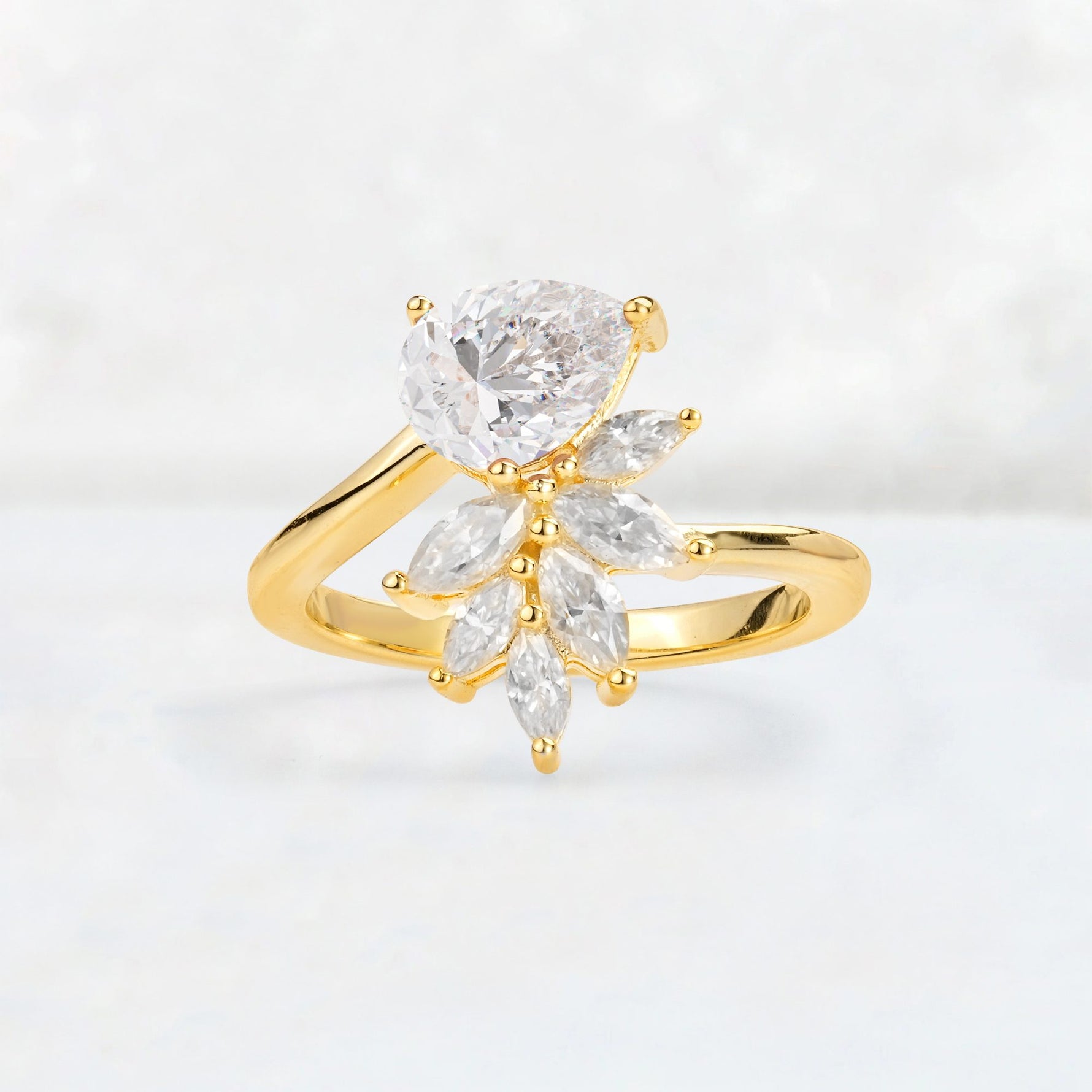 Pear Cut Moissanite Marquise Cluster Bypass Engagement Ring - Additional view