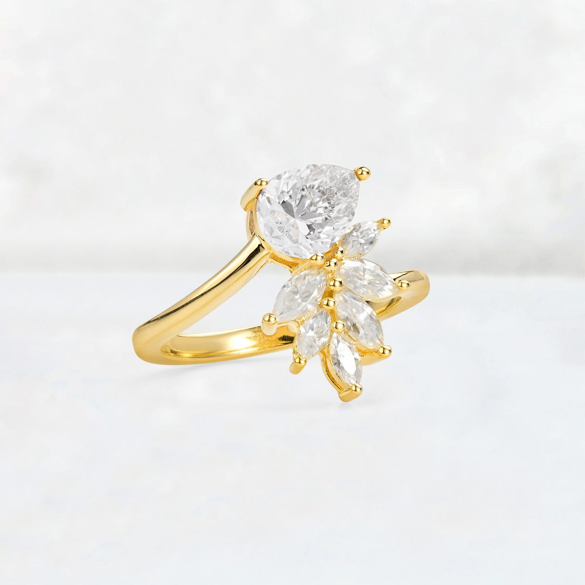 Pear Cut Moissanite Marquise Cluster Bypass Engagement Ring - Additional view