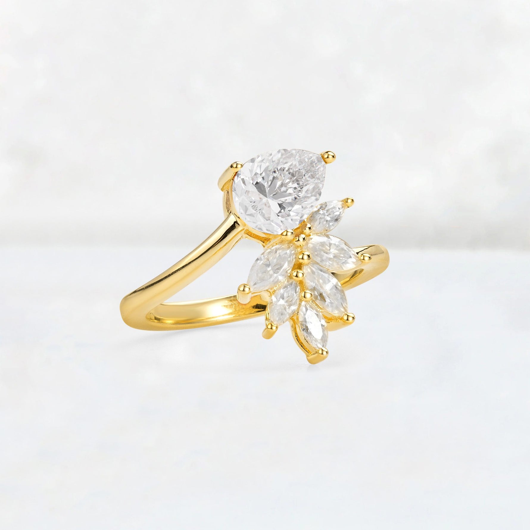 Pear Cut Moissanite Marquise Cluster Bypass Engagement Ring - Additional view