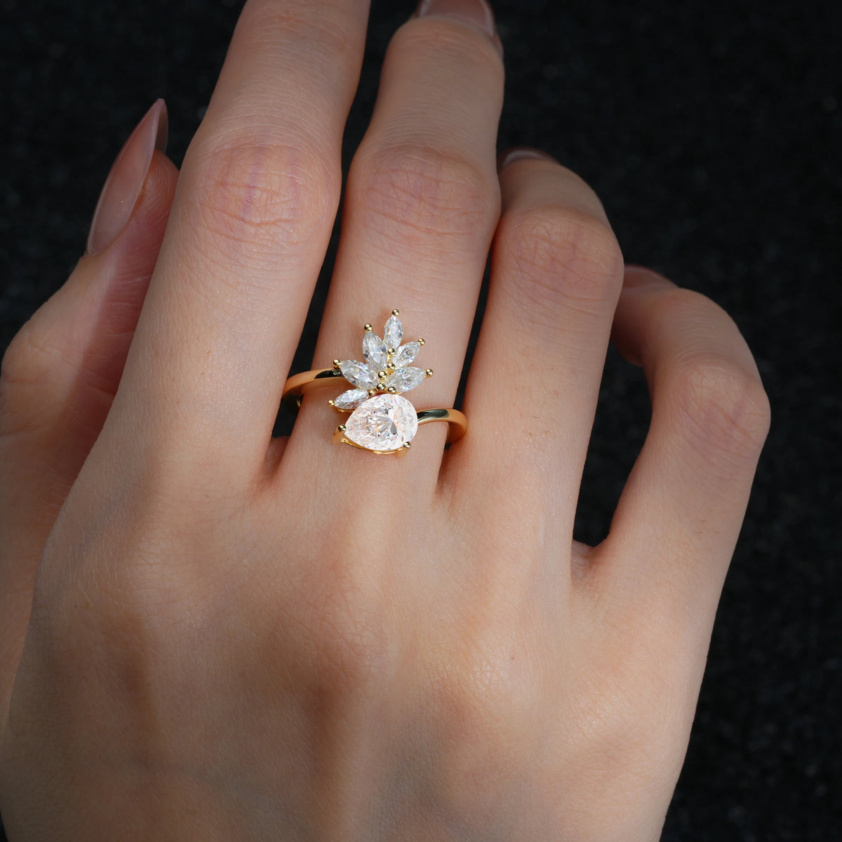 Pear Cut Moissanite Marquise Cluster Bypass Engagement Ring - Additional view
