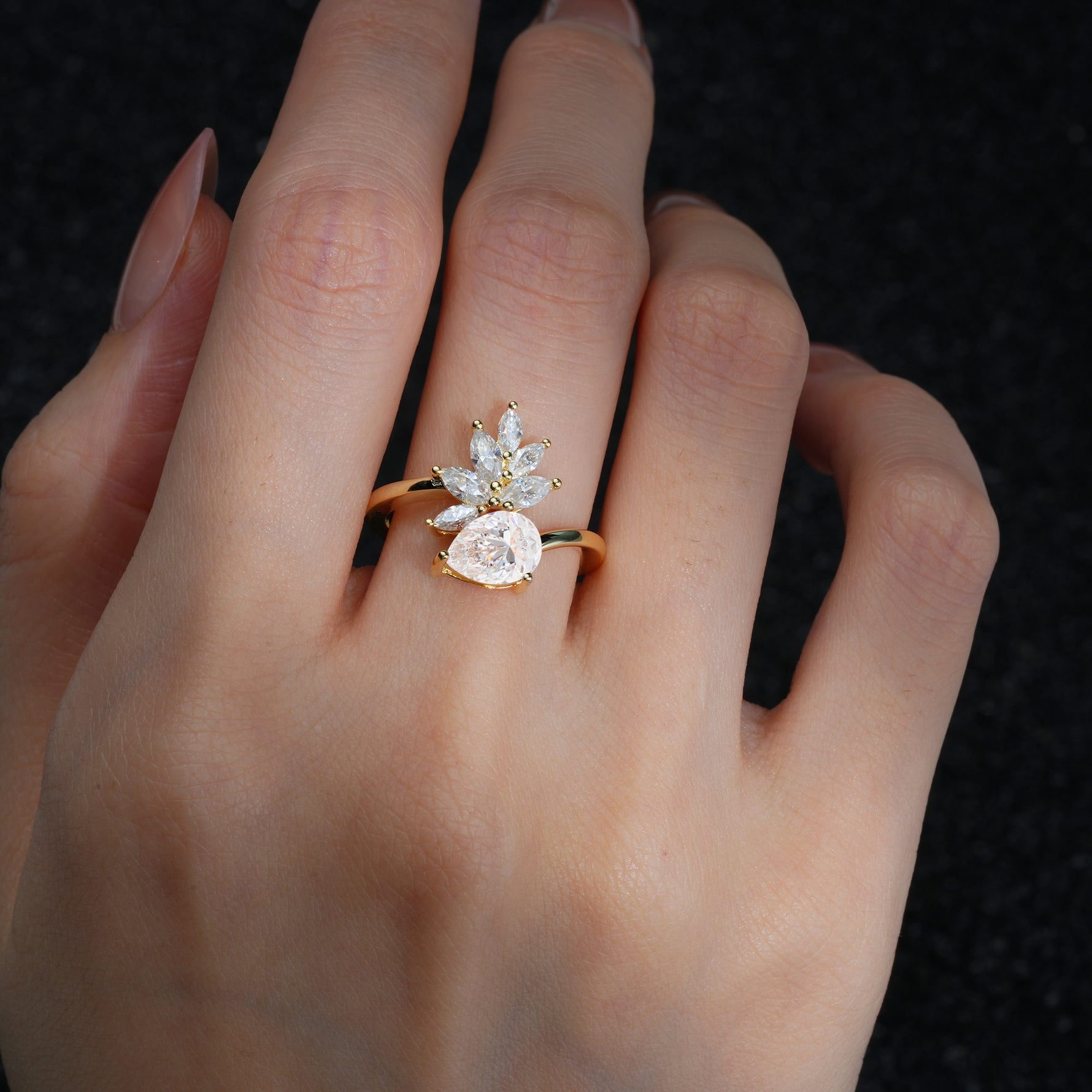 Pear Cut Moissanite Marquise Cluster Bypass Engagement Ring - Additional view