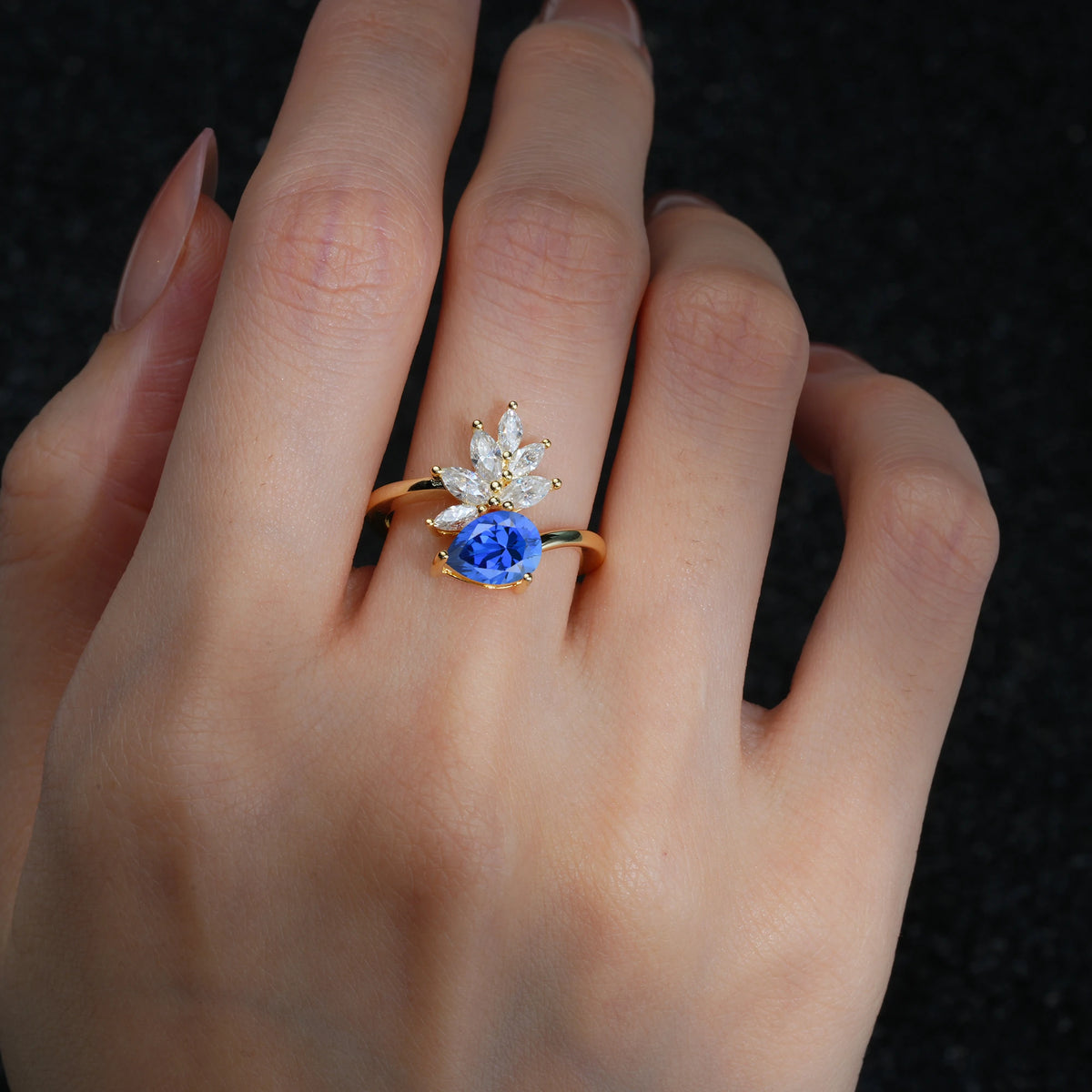 Pear Cut Sapphire Marquise Cluster Bypass Engagement Ring - Additional view