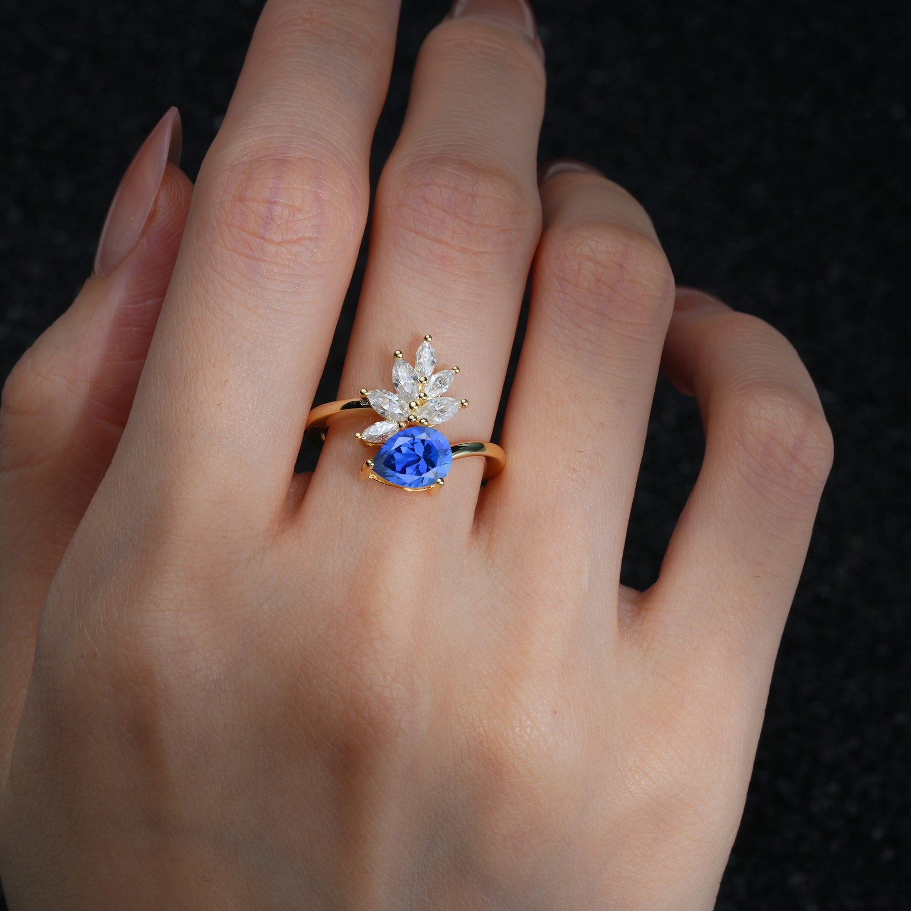 Pear Cut Sapphire Marquise Cluster Bypass Engagement Ring - Additional view