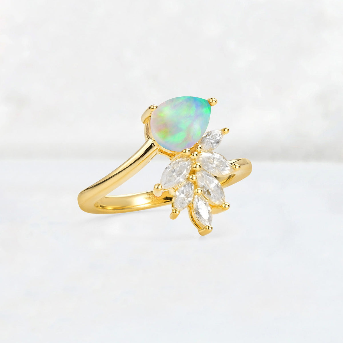 Pear Cut Fire Opal Marquise Cluster Bypass Engagement Ring - Additional view