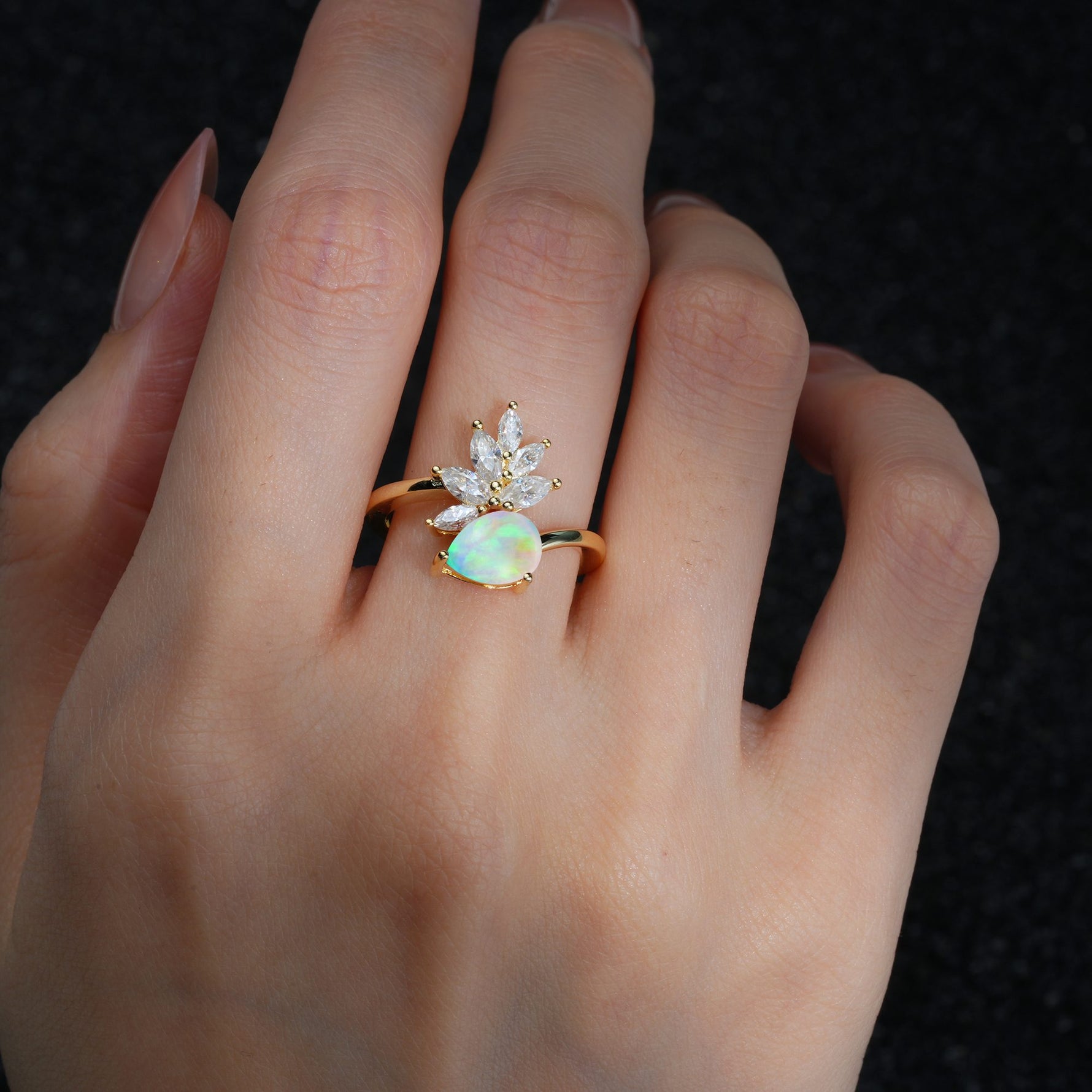 Pear Cut Fire Opal Marquise Cluster Bypass Engagement Ring - Additional view
