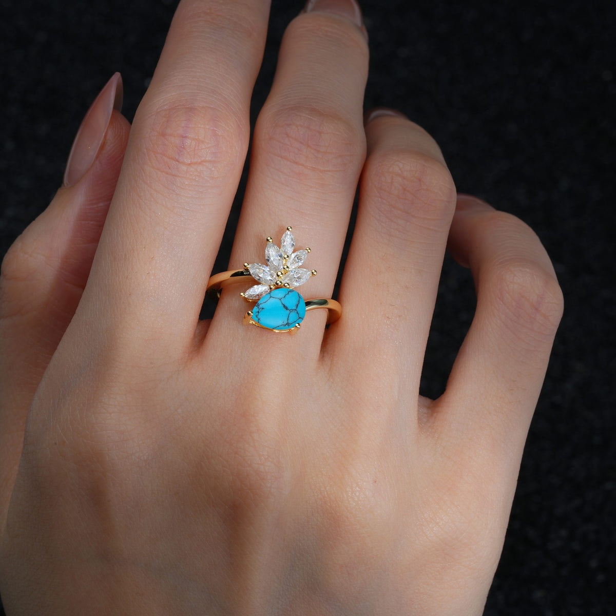 Pear Cut Turquoise Marquise Cluster Bypass Engagement Ring - Additional view