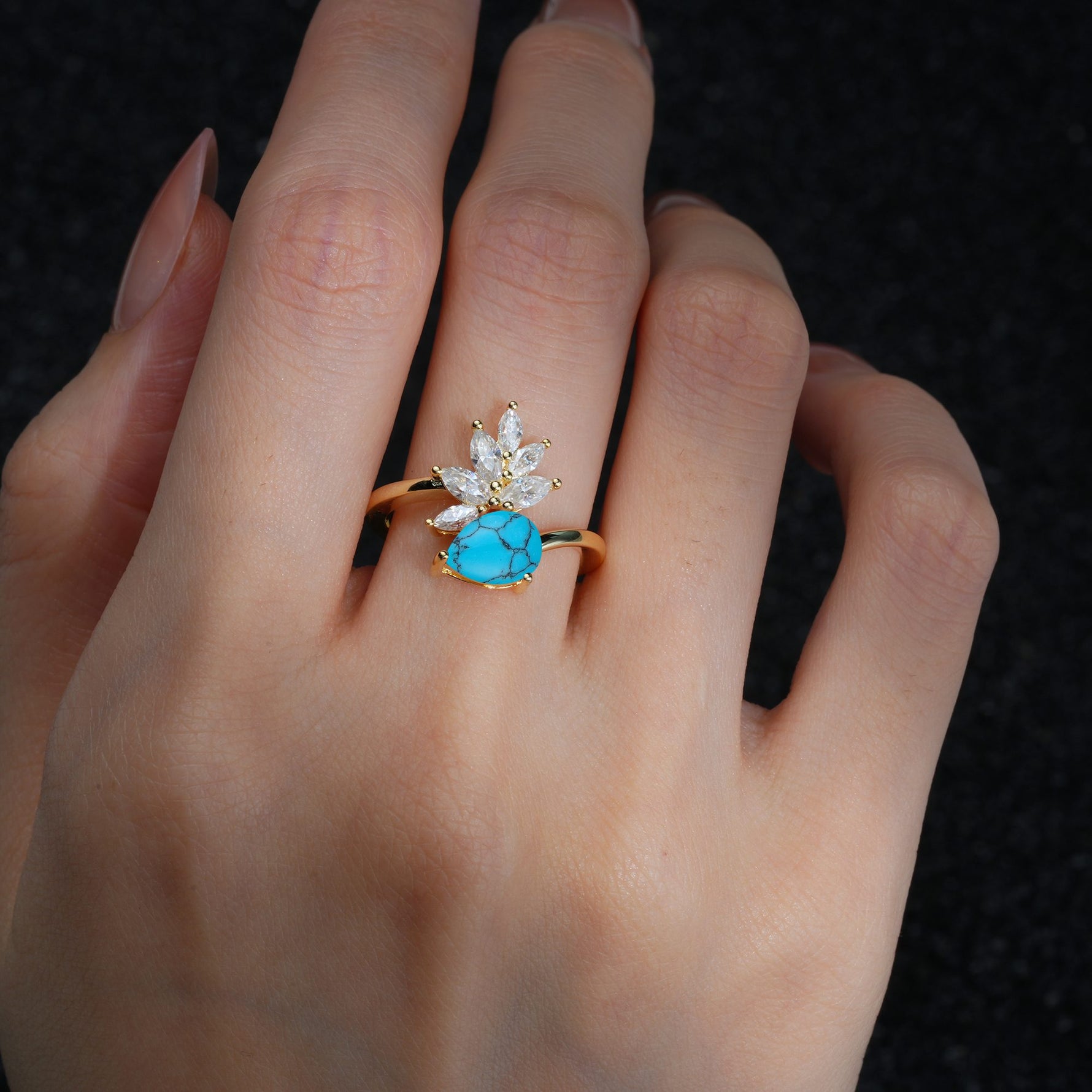 Pear Cut Turquoise Marquise Cluster Bypass Engagement Ring - Additional view
