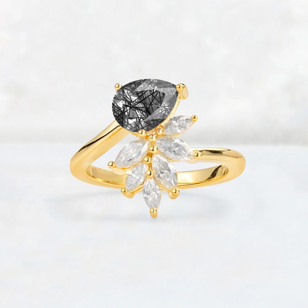 Pear Cut Black Rutilated Quartz Marquise Cluster Bypass Engagement Ring - Additional view
