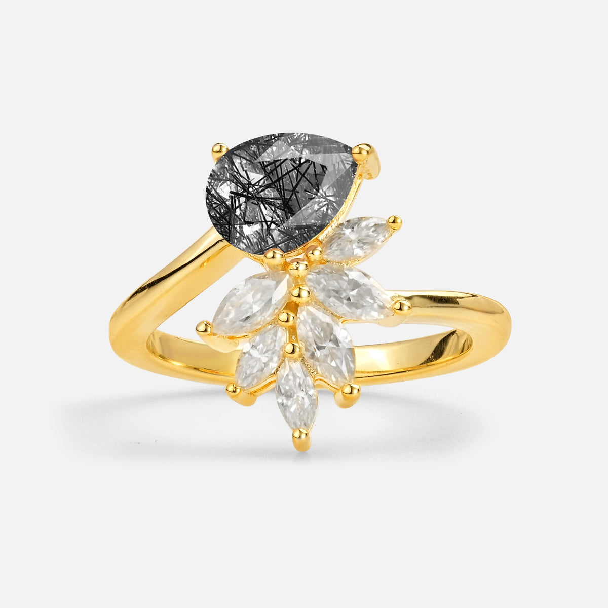 Pear Cut Black Rutilated Quartz Marquise Cluster Bypass Engagement Ring - Additional view