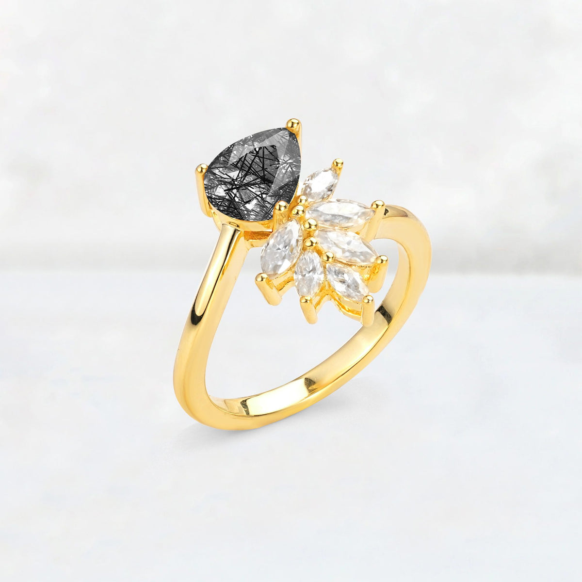 Pear Cut Black Rutilated Quartz Marquise Cluster Bypass Engagement Ring - Additional view