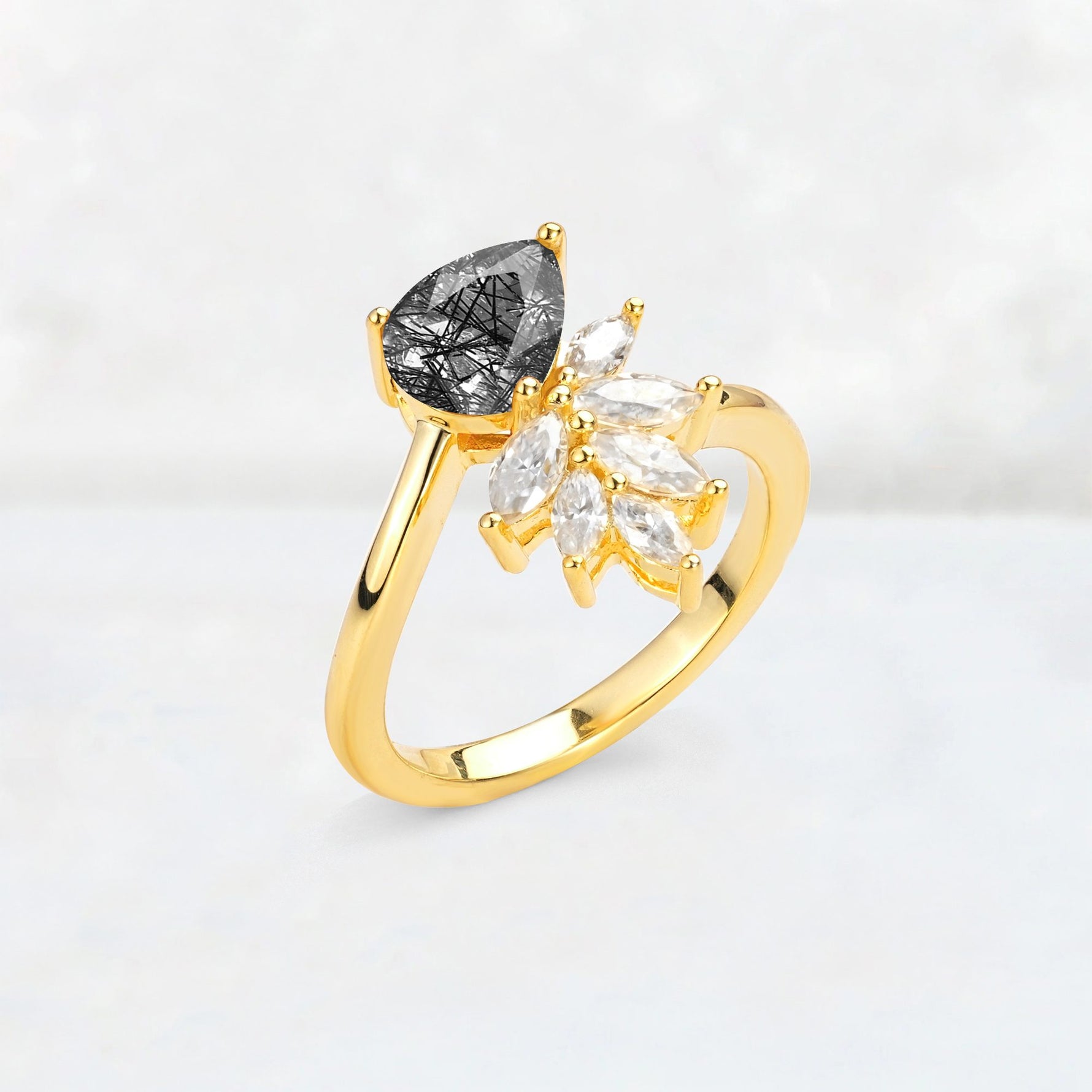 Pear Cut Black Rutilated Quartz Marquise Cluster Bypass Engagement Ring - Additional view