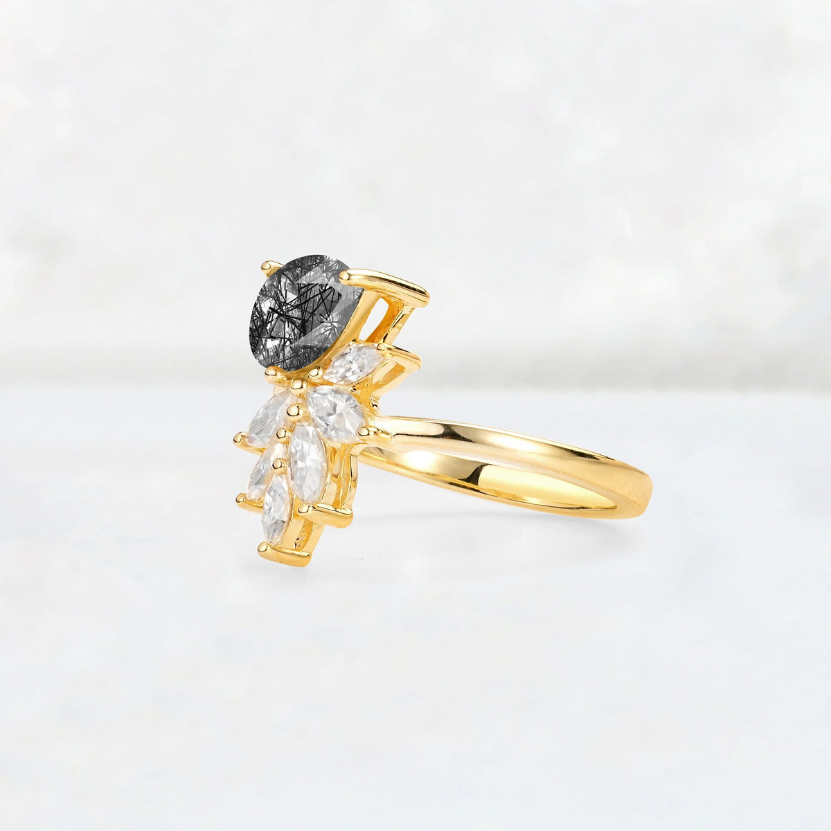 Pear Cut Black Rutilated Quartz Marquise Cluster Bypass Engagement Ring - Additional view