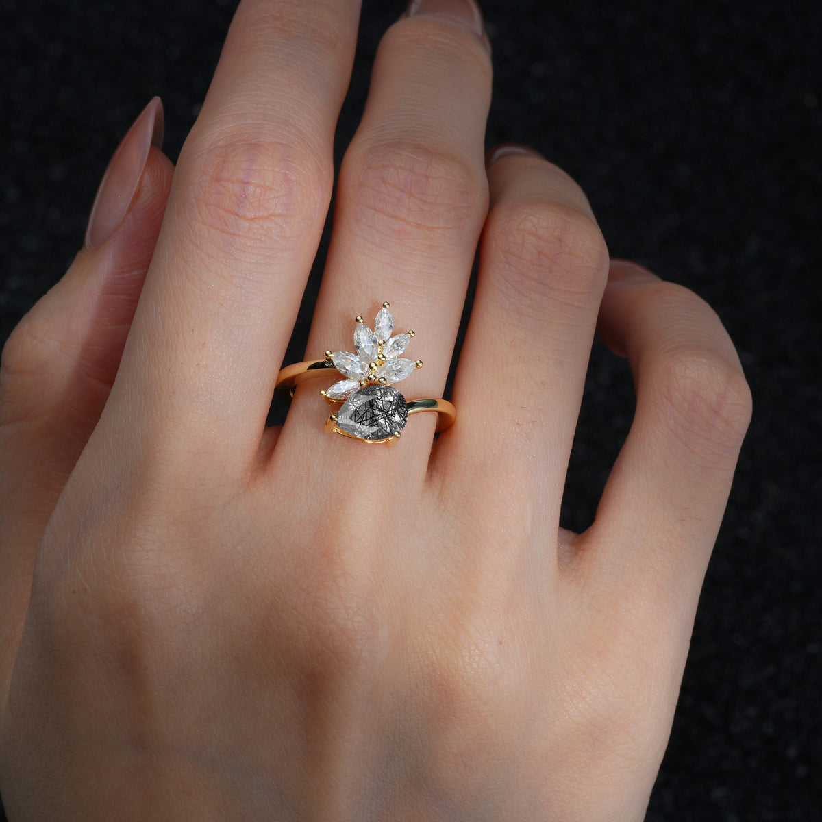 Pear Cut Black Rutilated Quartz Marquise Cluster Bypass Engagement Ring - Additional view