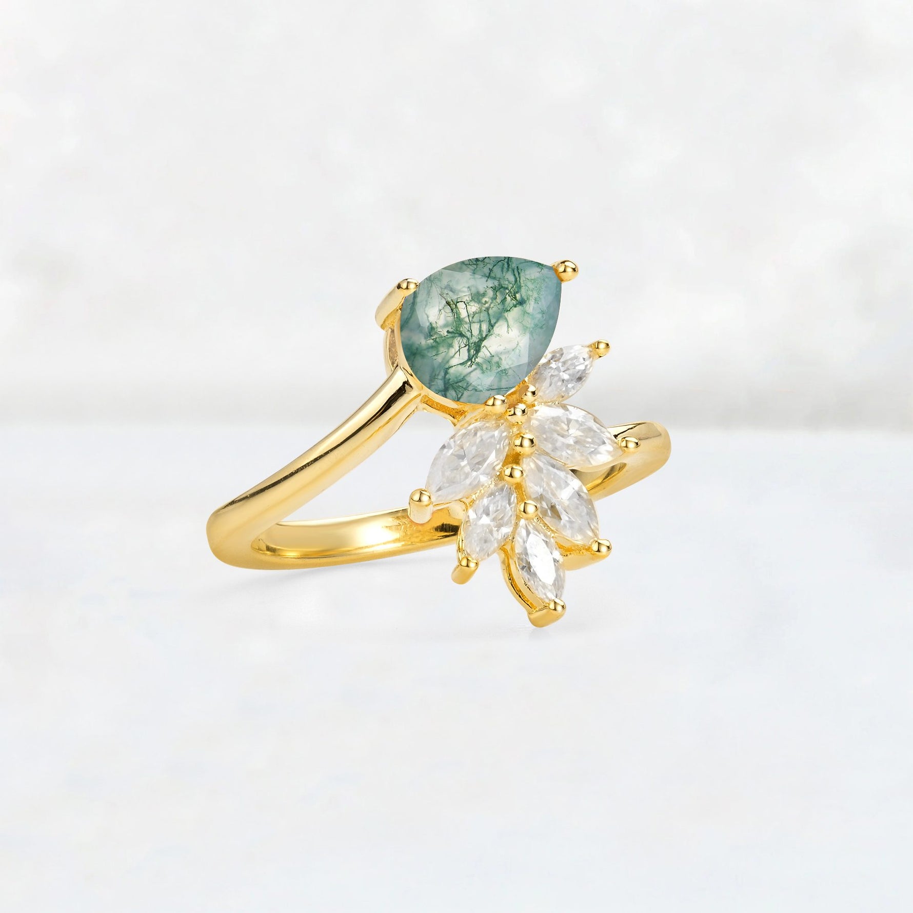 Pear Cut Moss Agate Marquise Cluster Bypass Engagement Ring - Additional view
