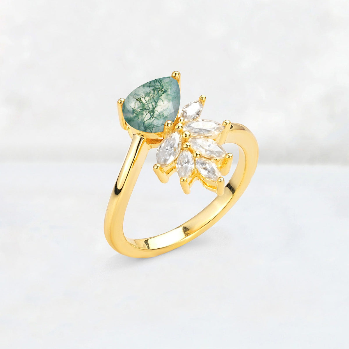 Pear Cut Moss Agate Marquise Cluster Bypass Engagement Ring - Additional view