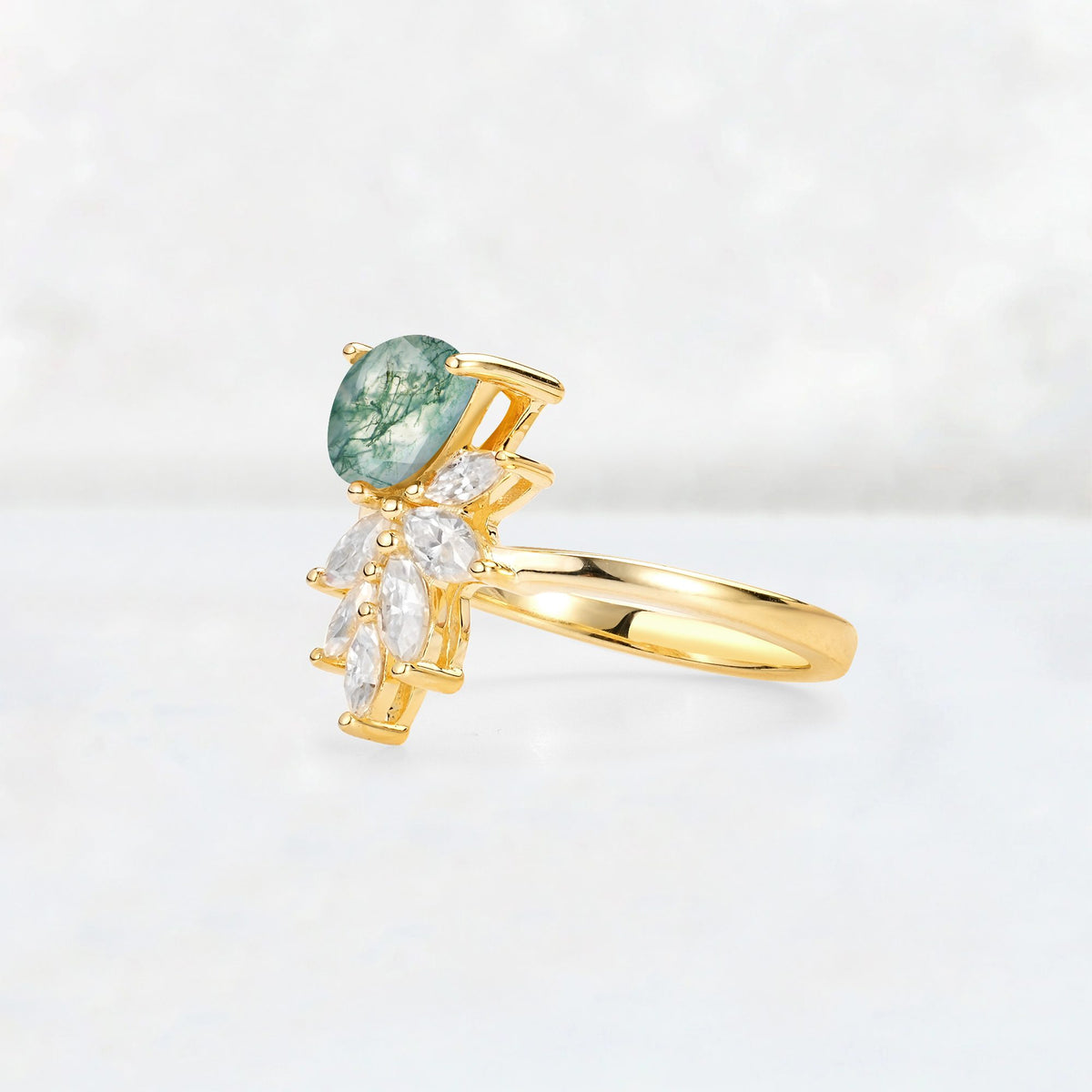 Pear Cut Moss Agate Marquise Cluster Bypass Engagement Ring - Additional view