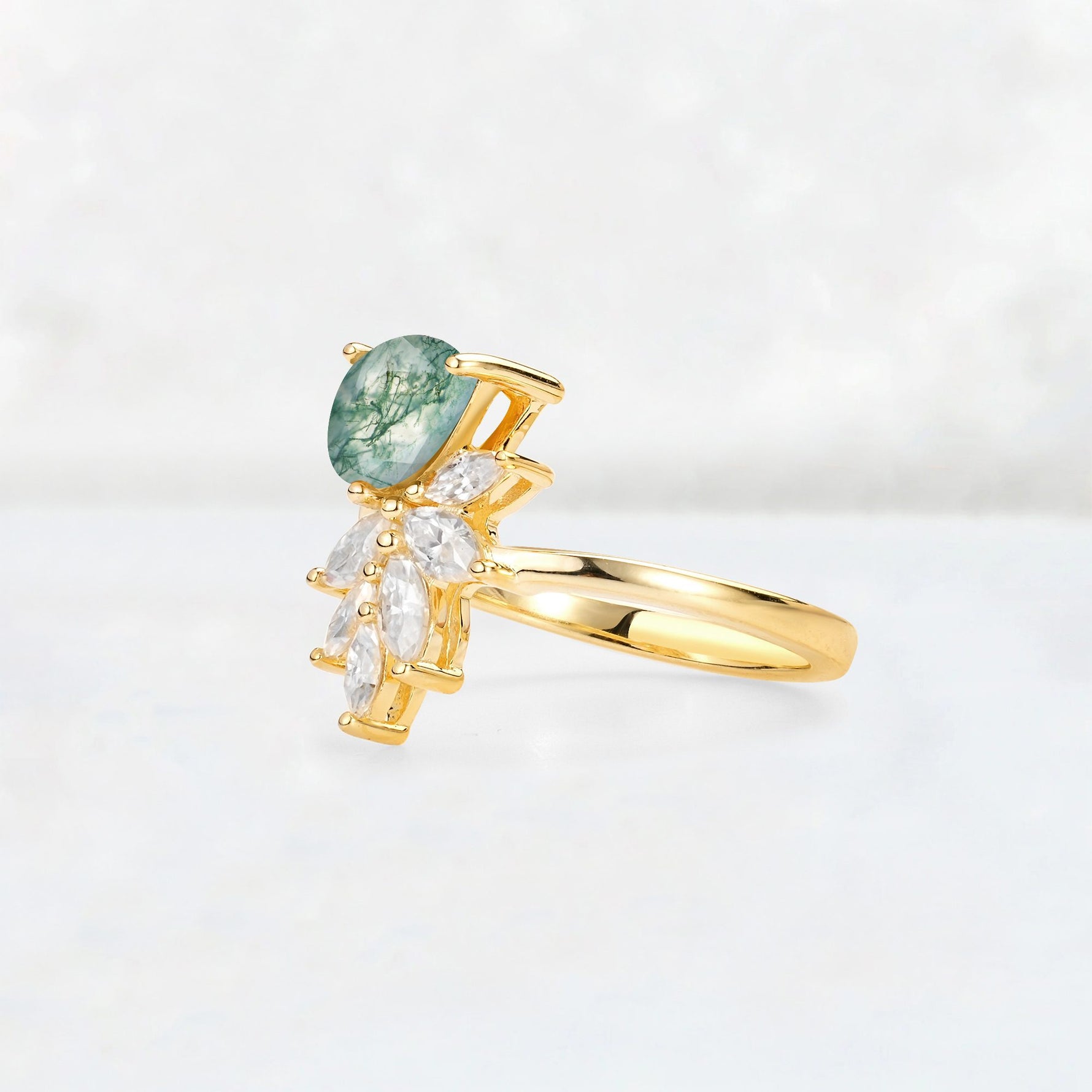 Pear Cut Moss Agate Marquise Cluster Bypass Engagement Ring - Additional view