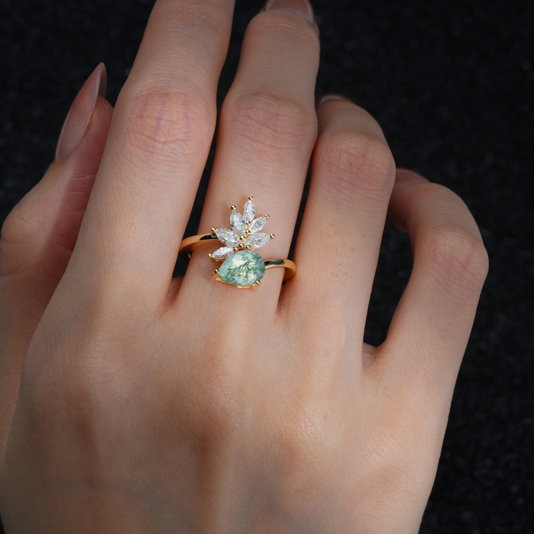 Pear Cut Moss Agate Marquise Cluster Bypass Engagement Ring - Additional view